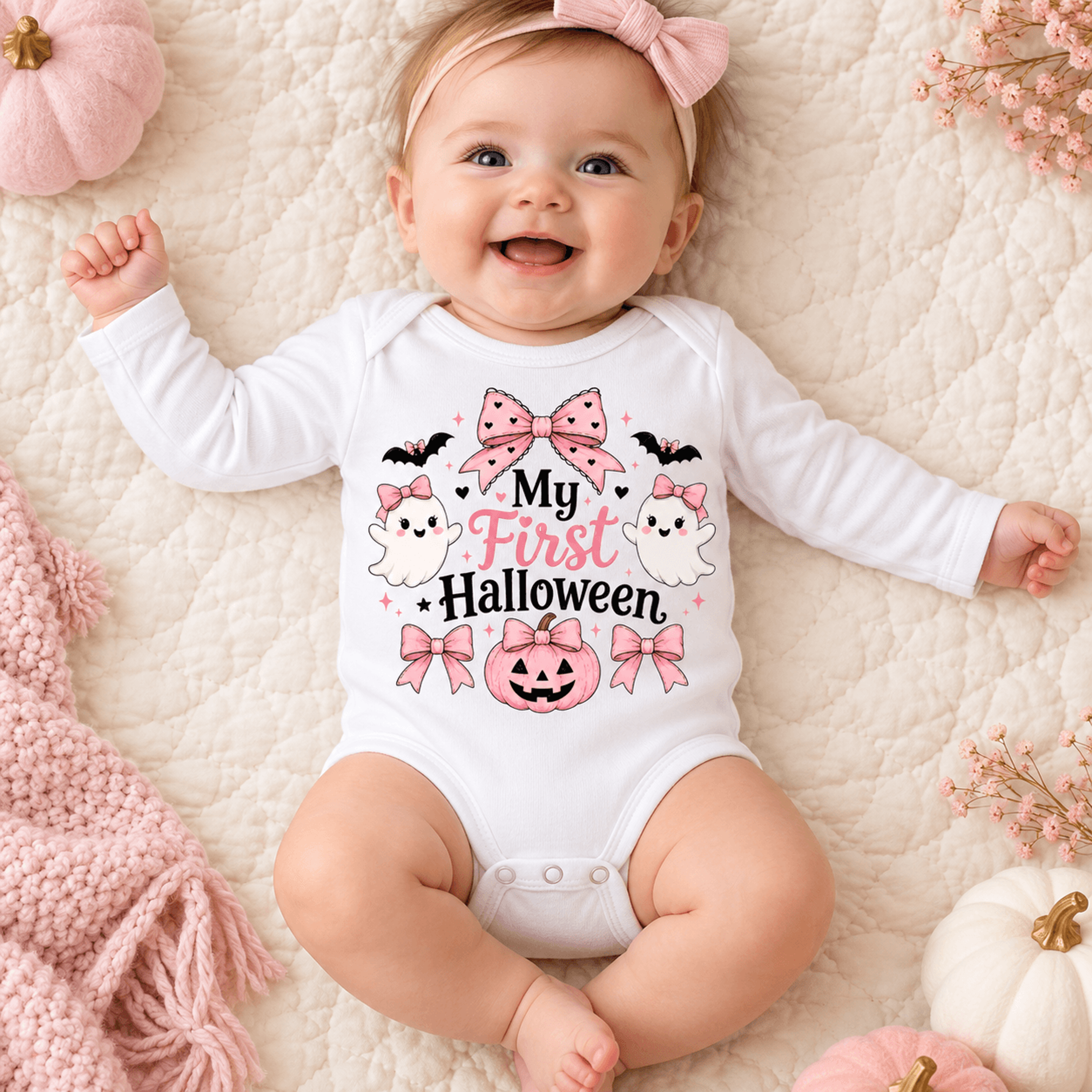 my first halloween baby girl bodysuit, pink ghost pumpkin onesie, cute coquette bow halloween romper, newborn spooky