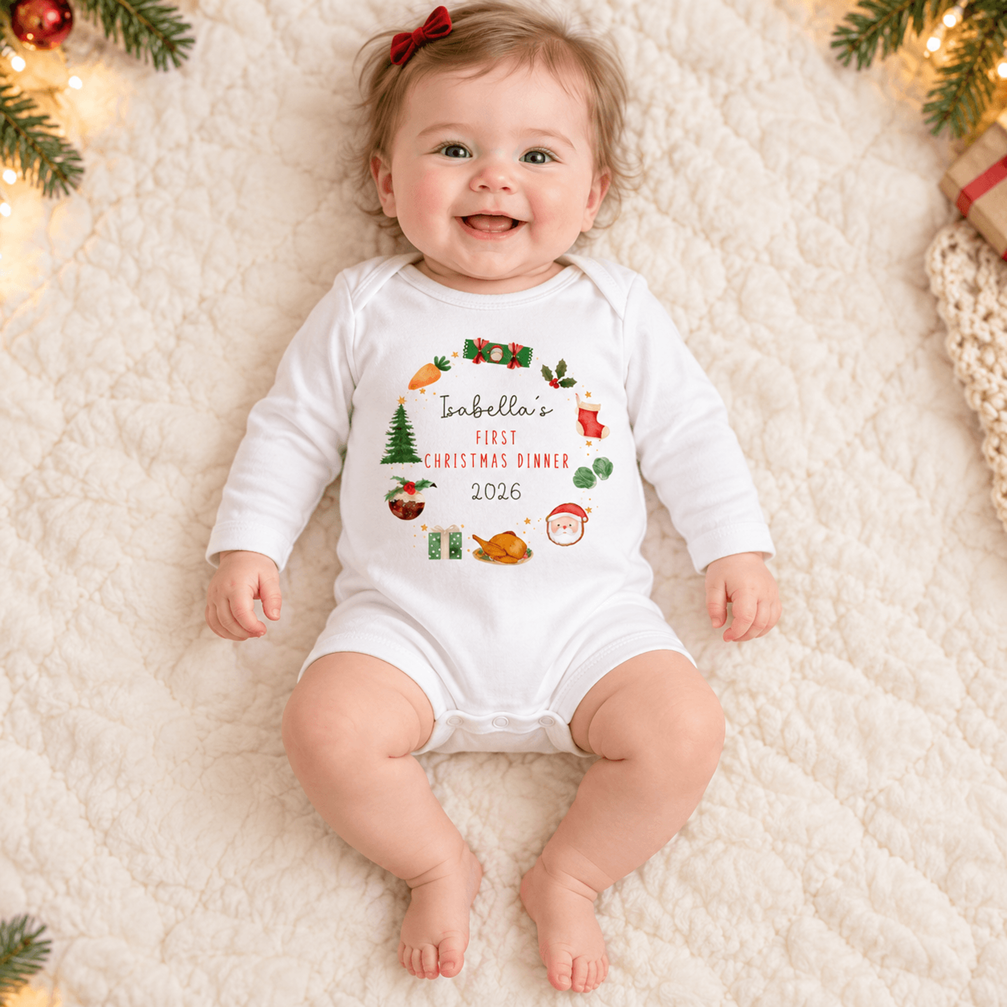 personalized first christmas dinner baby romper, custom name christmas onesie, baby's first holiday dinner outfit