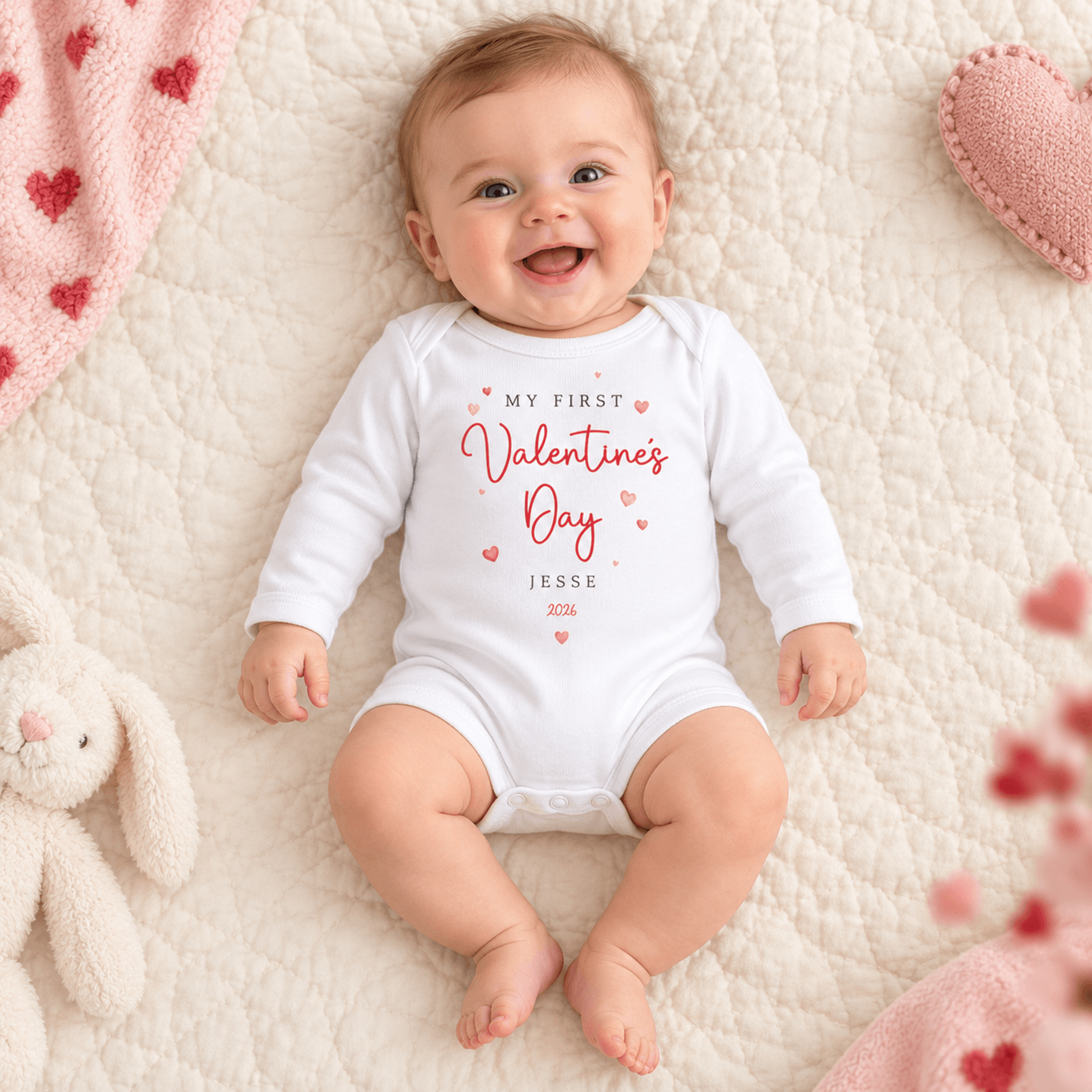personalized my first valentine's day baby romper, custom name heart onesie, cute valentine baby outfit, unisex baby gif