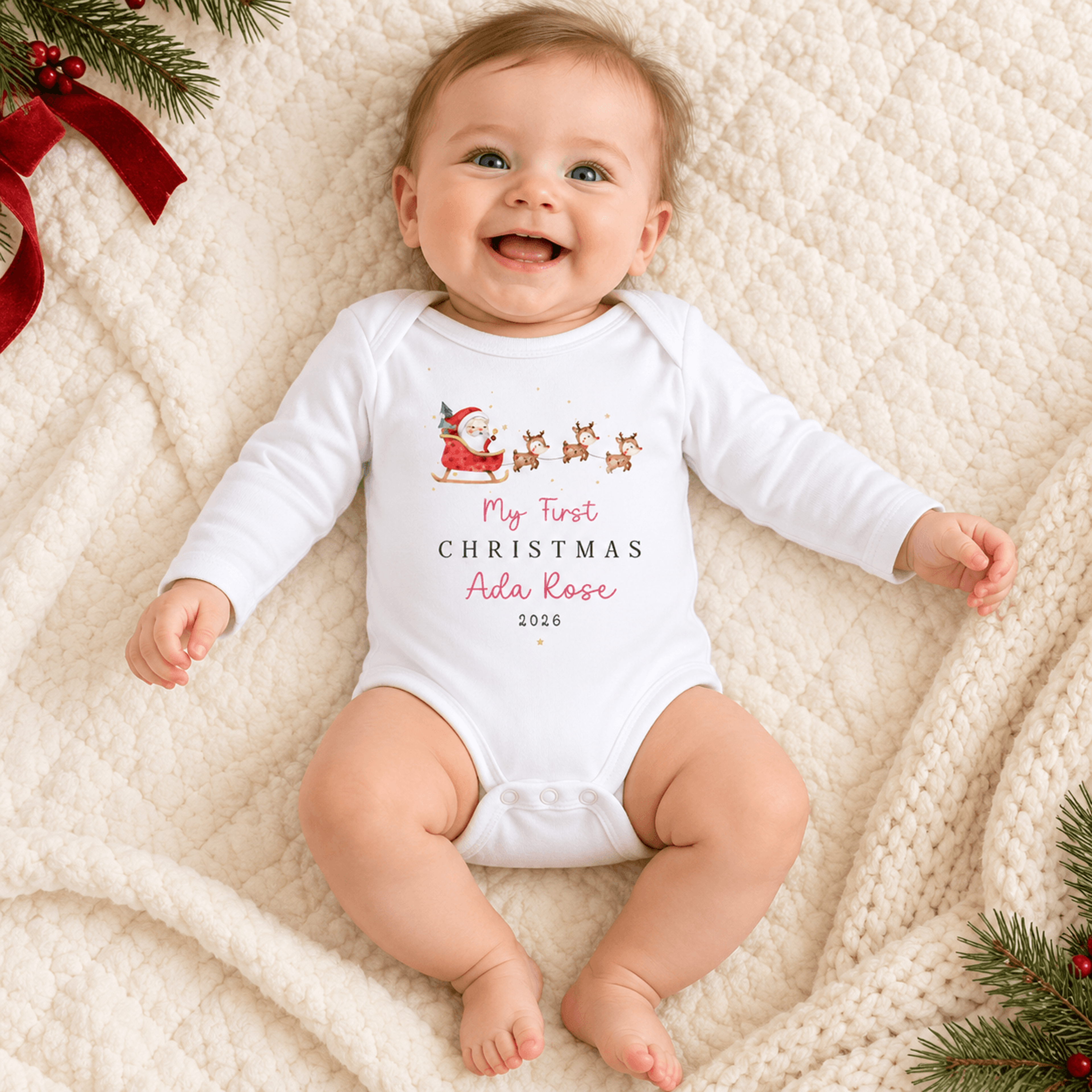 personalized my first christmas baby romper, custom name santa sleigh reindeer onesie, cute holiday baby outfit, unisex