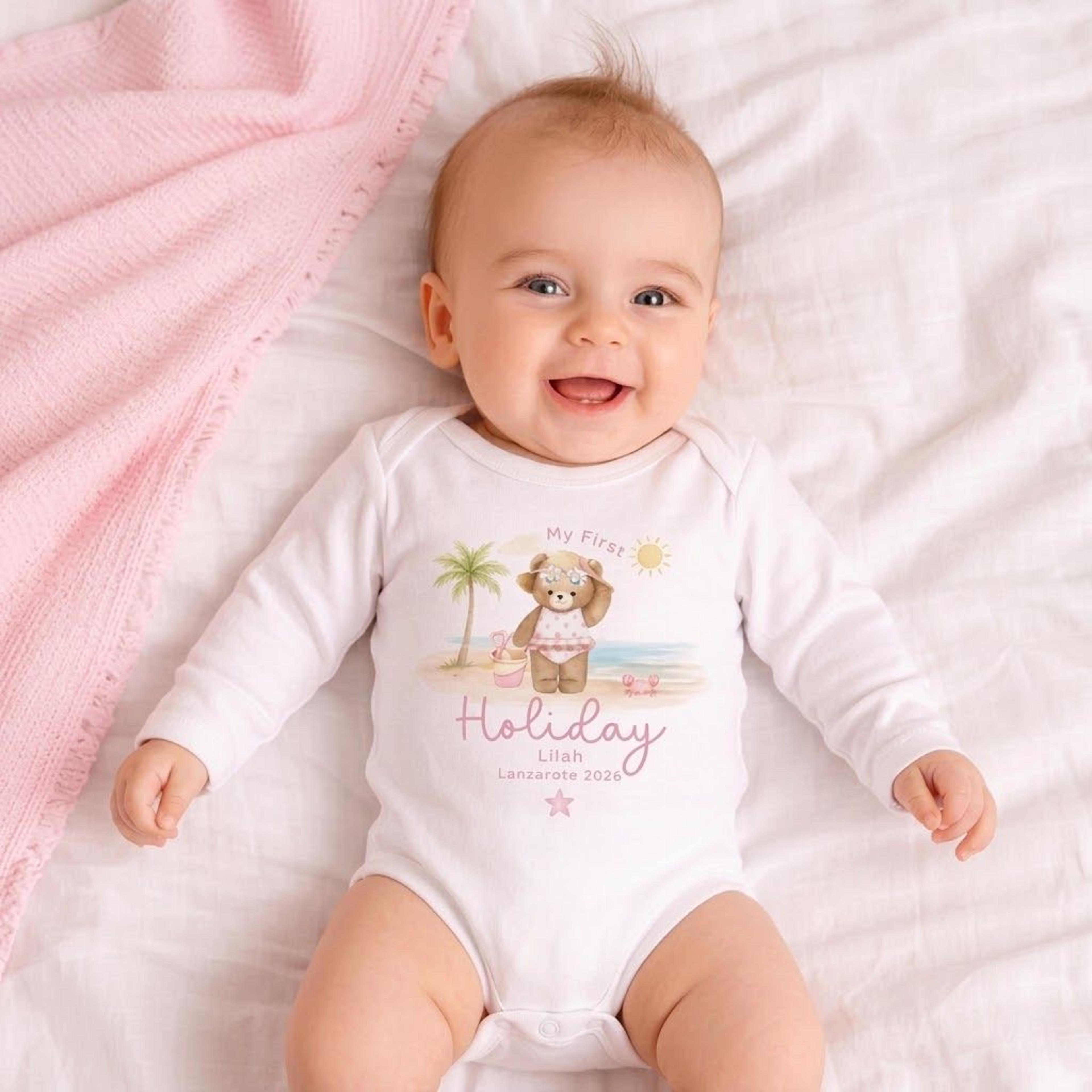 personalized my first holiday baby romper, custom name beach teddy bear onesie, cute summer vacation unisex baby outfit