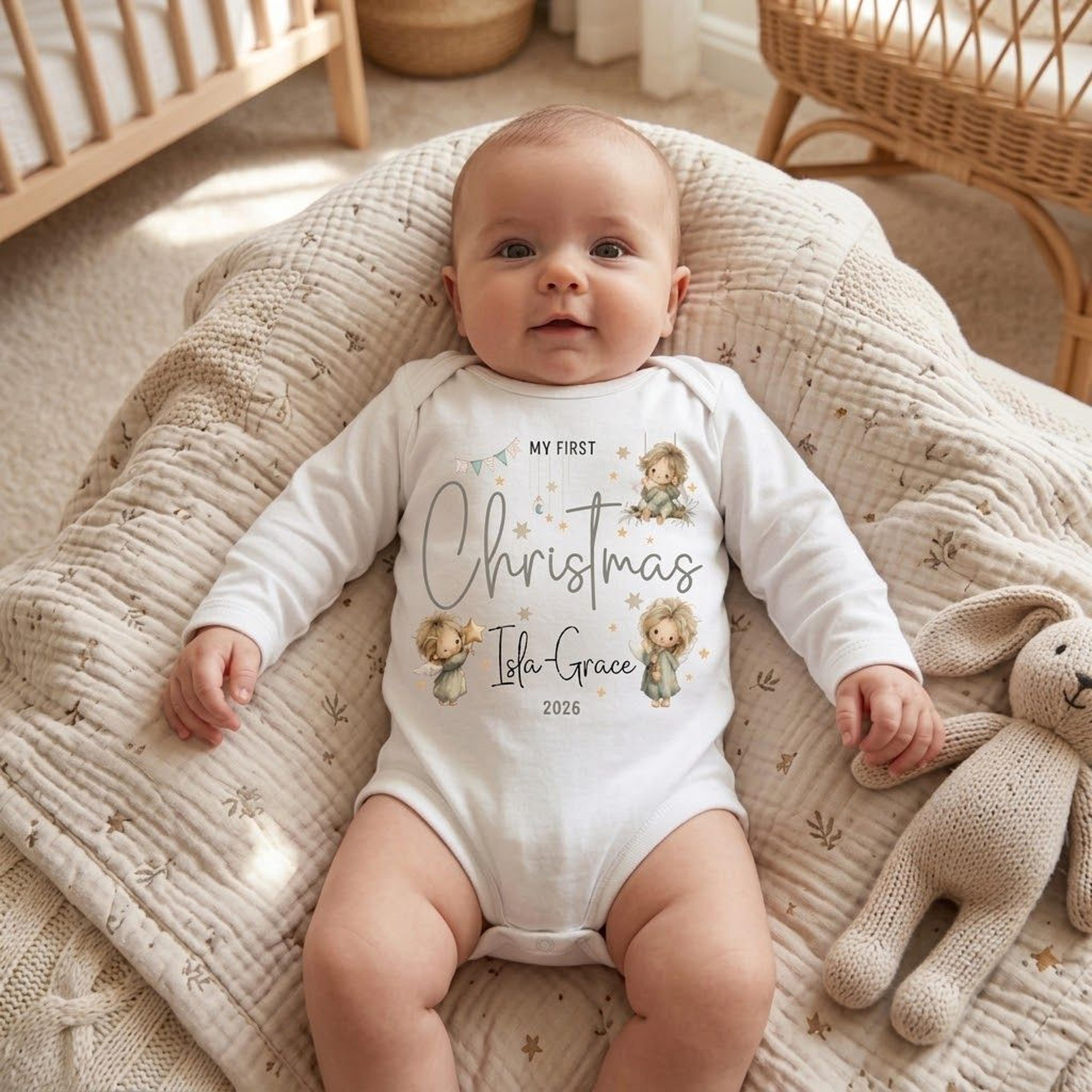 personalized my first christmas baby romper, custom name and year christmas onesie, cute woodland animals unisex baby