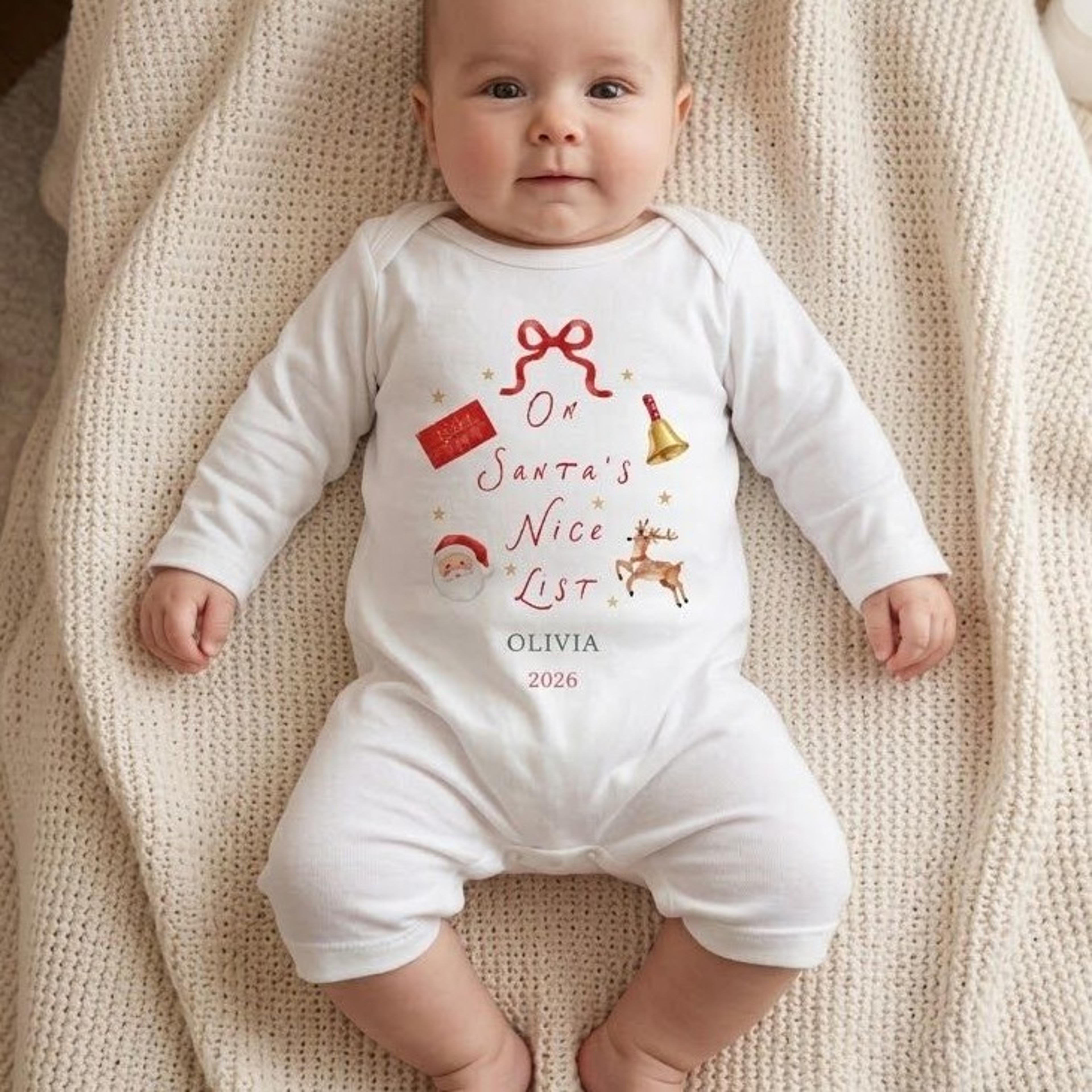 personalized santa's nice list baby romper, custom name christmas onesie, cute reindeer holiday outfit, unisex baby