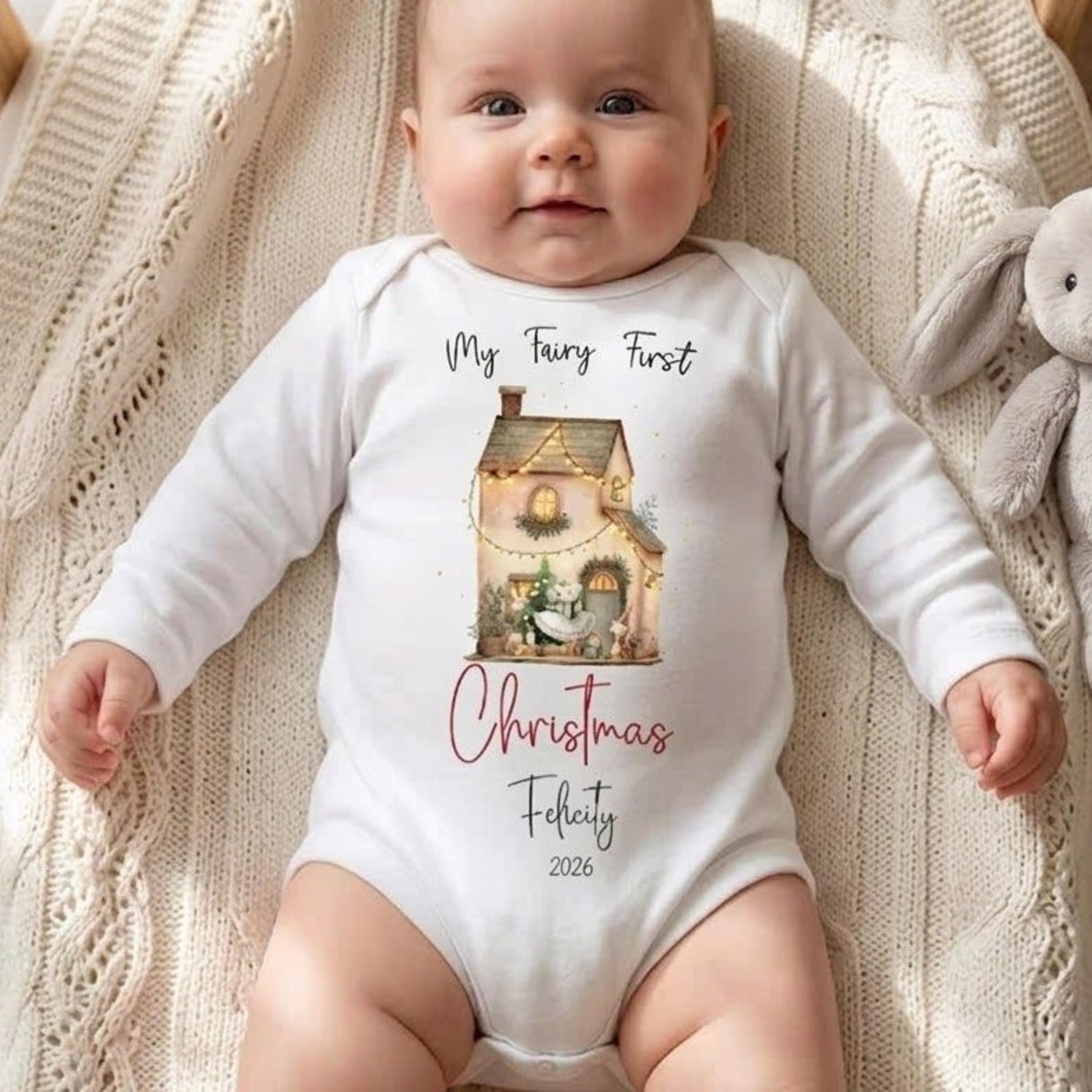 personalized my very first christmas baby romper, custom name christmas house onesie, unisex holiday baby outfit, xmas