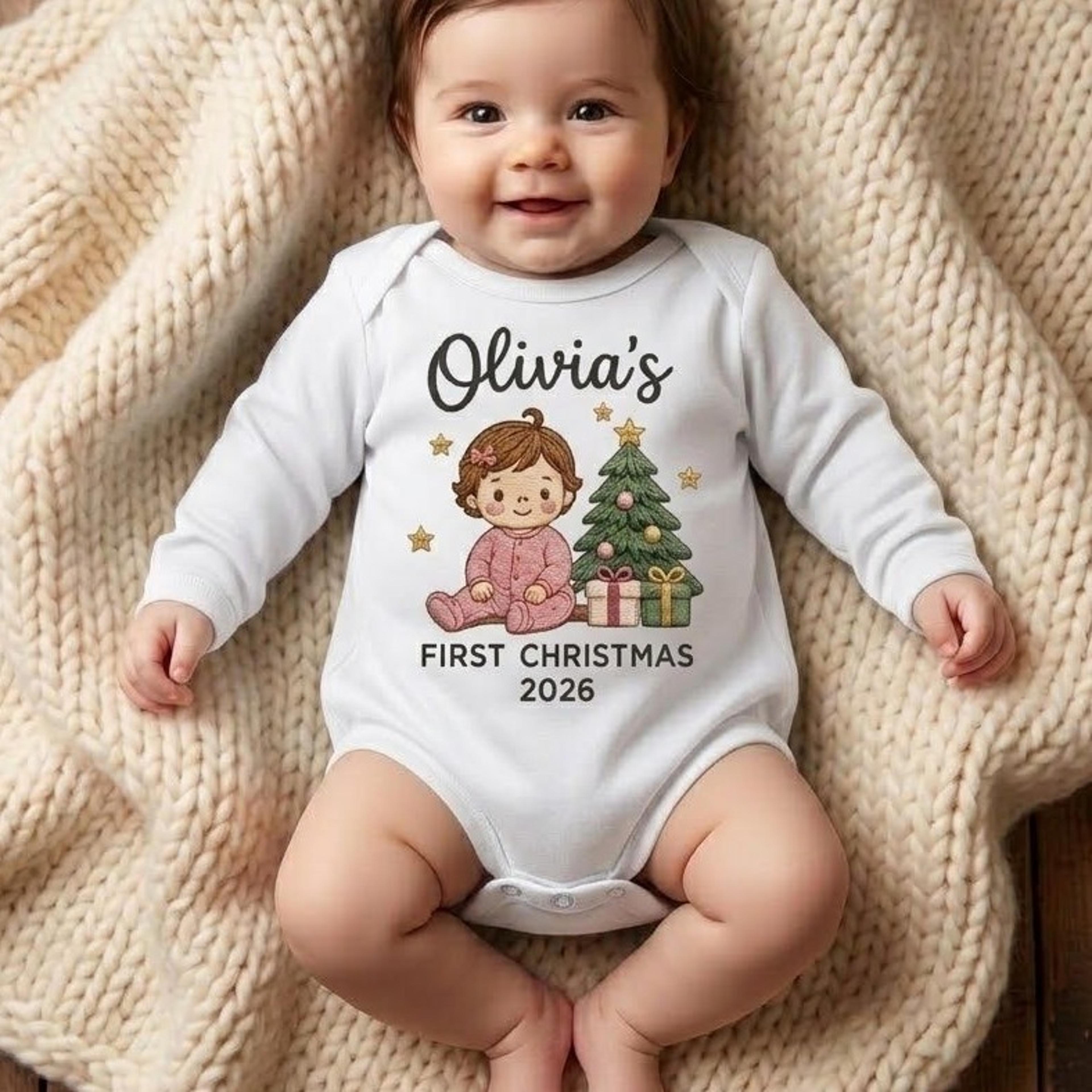 personalized first christmas baby romper, custom name cute baby christmas tree onesie, unisex holiday outfit, baby xmas