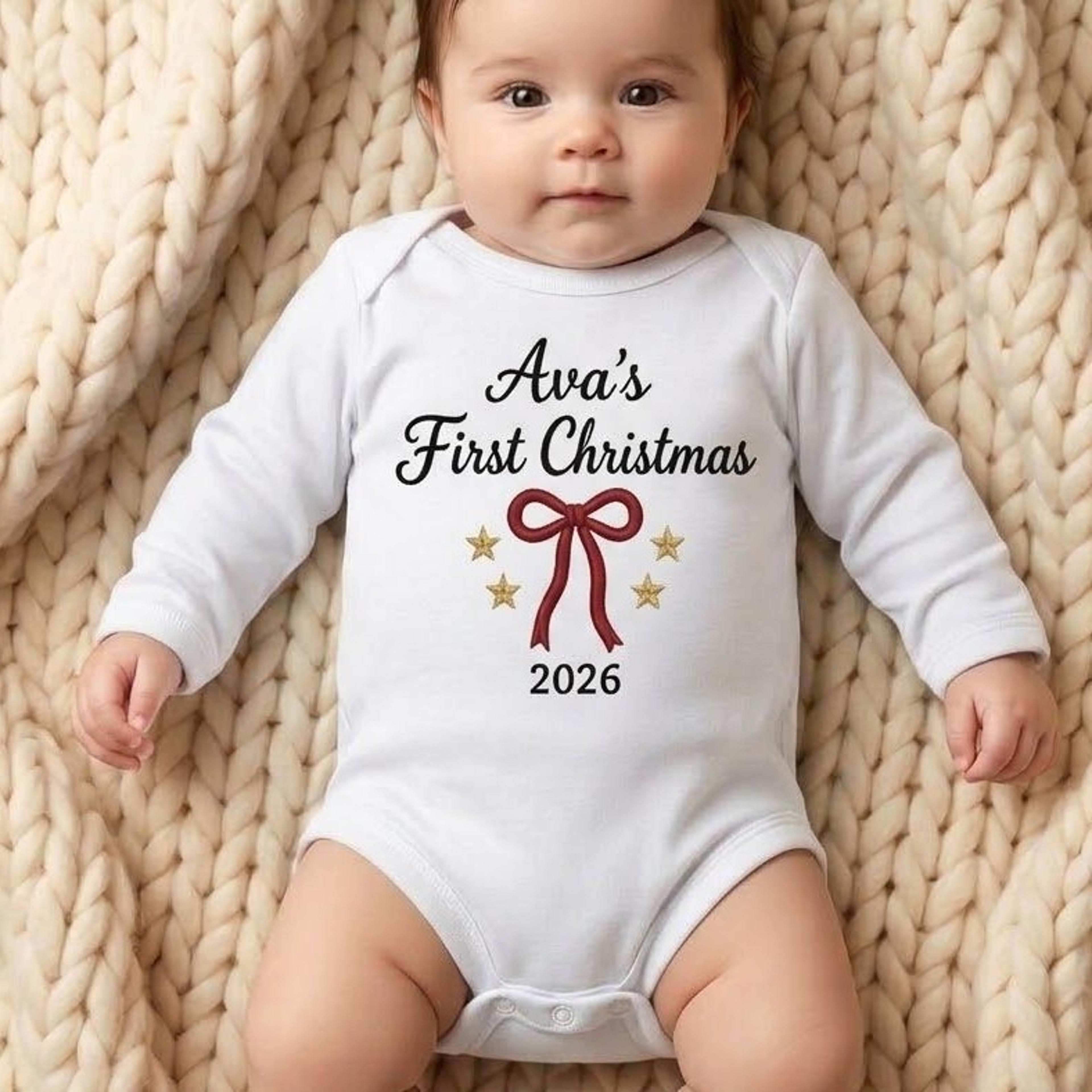 personalized first christmas baby romper, custom name christmas onesie, cute bow holiday outfit, unisex baby xmas gift