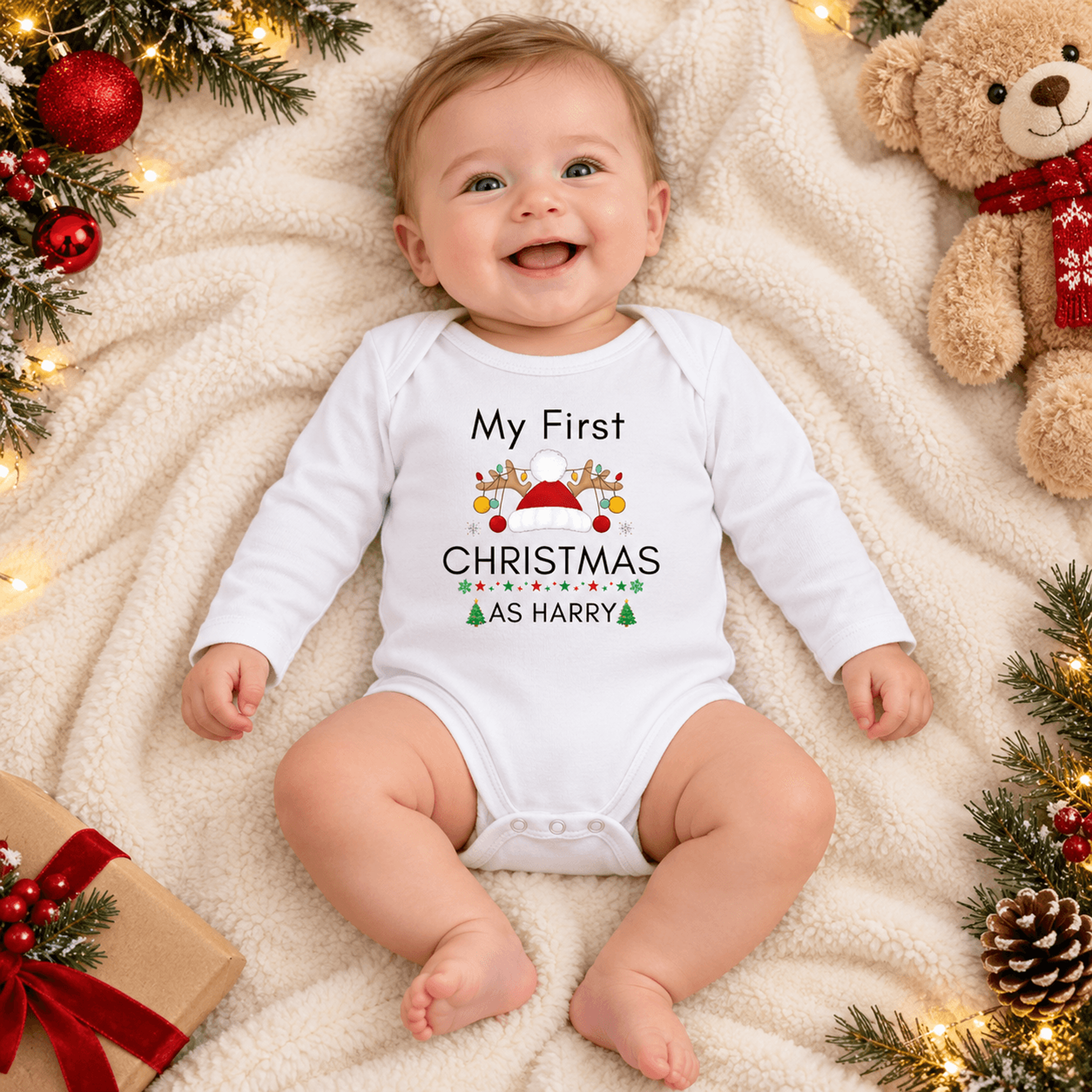 my first christmas as harry baby romper, personalized christmas baby onesie, custom name santa hat bodysuit, unisex