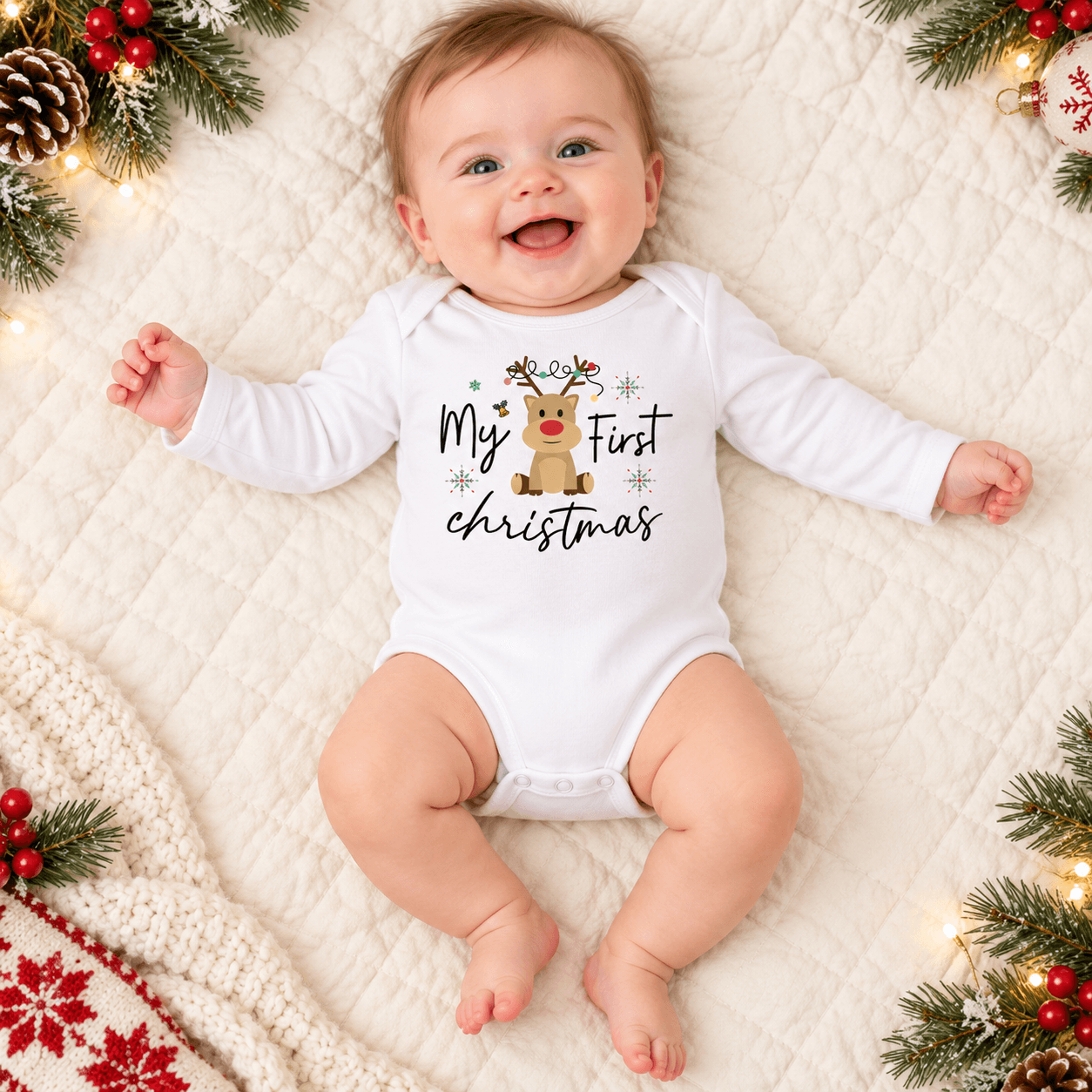my first christmas baby romper, cute reindeer christmas onesie, unisex baby holiday bodysuit, first xmas outfit, newborn