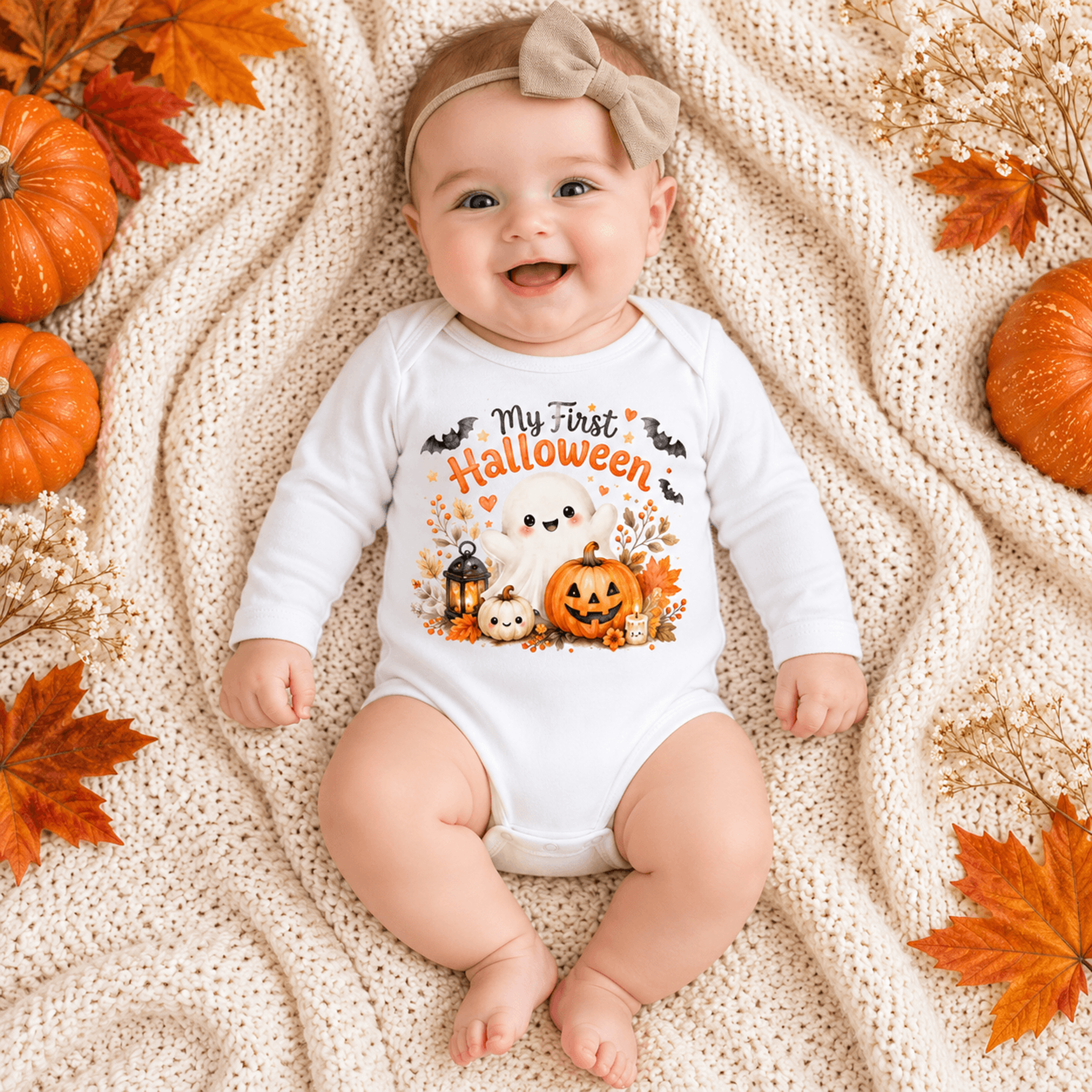 my first halloween baby romper, cute ghost pumpkin halloween onesie, unisex baby halloween bodysuit, first halloween