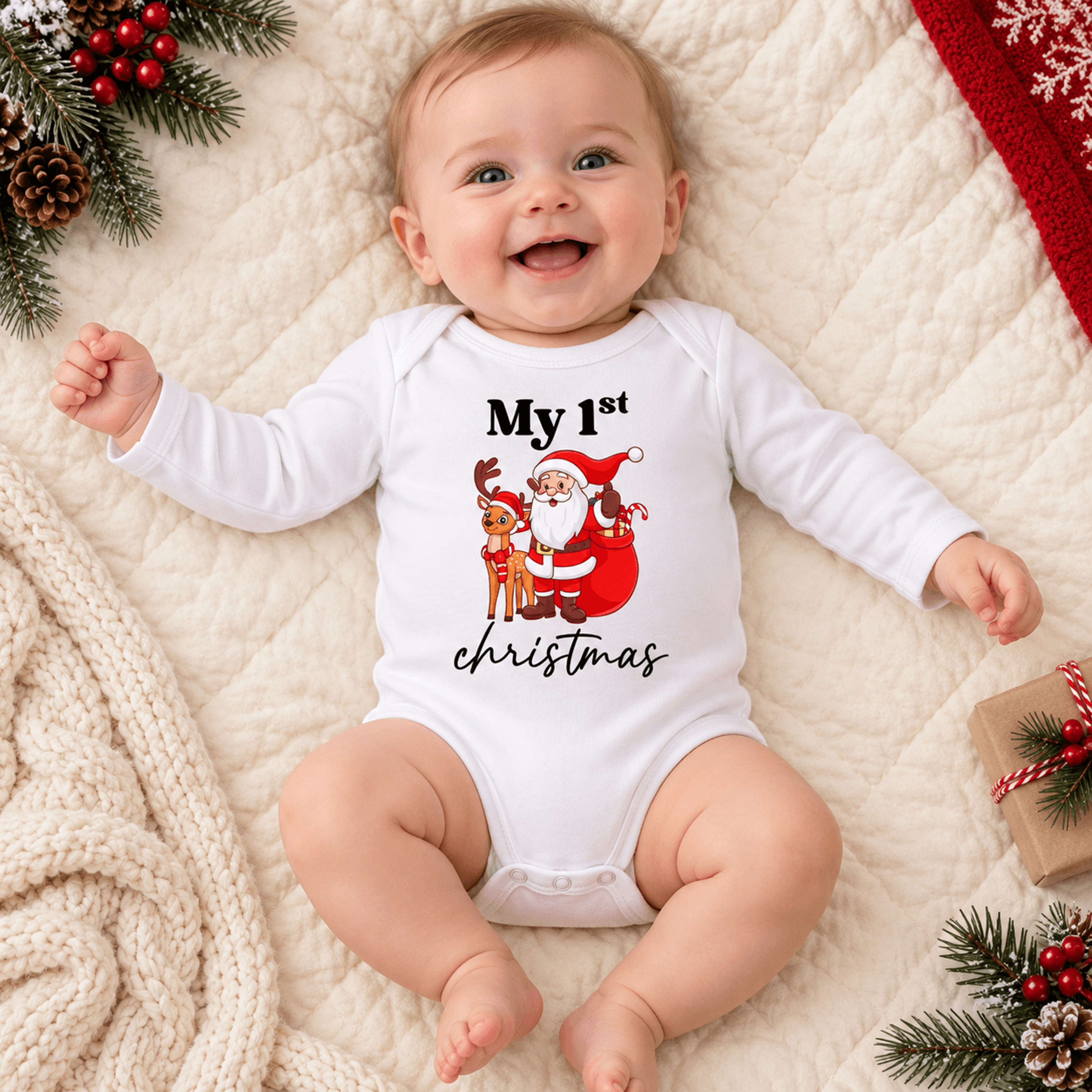 my first christmas baby romper, cute santa and reindeer christmas onesie, unisex baby holiday bodysuit, first xmas