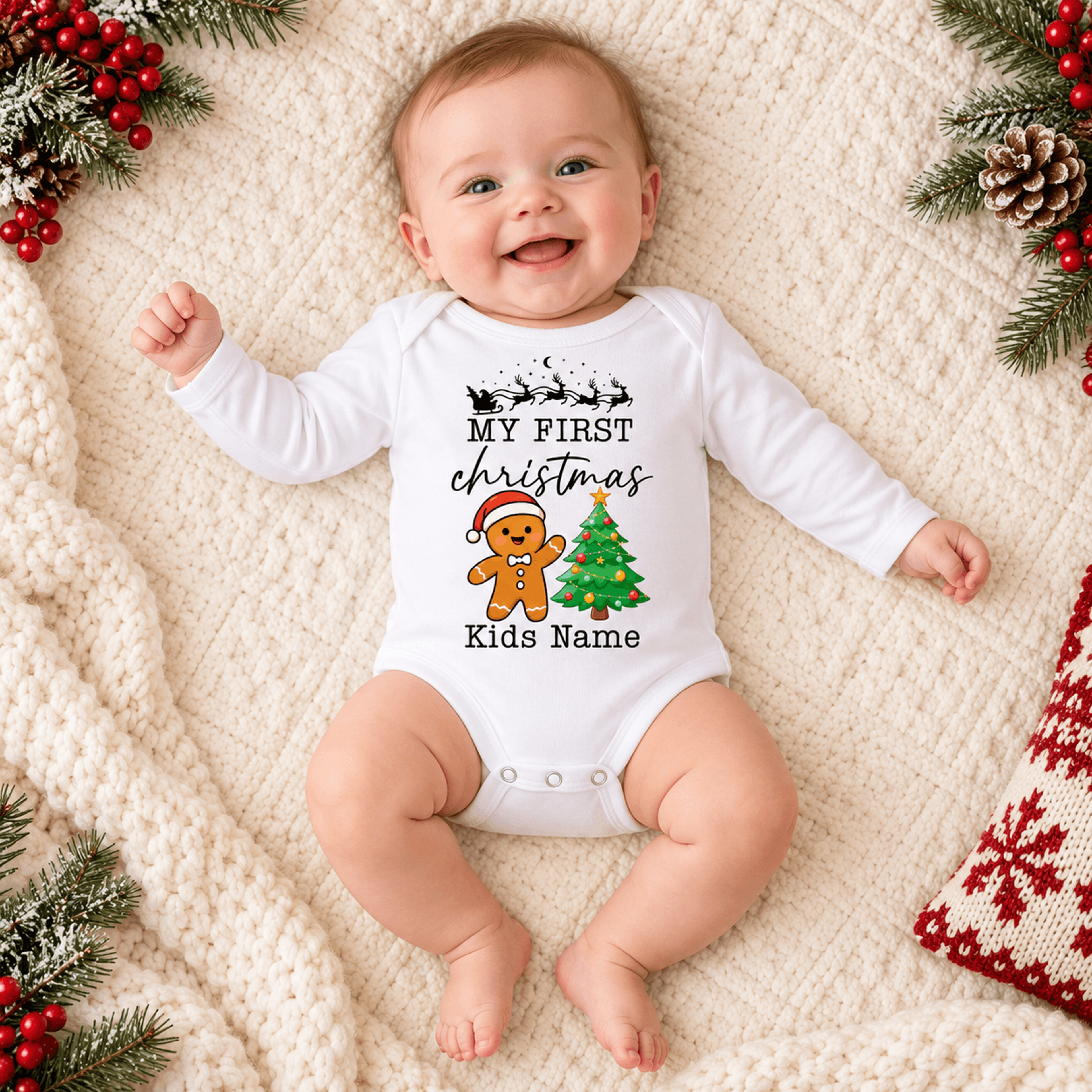 personalized my first christmas baby romper, custom name gingerbread christmas onesie, cute unisex baby holiday bodysuit