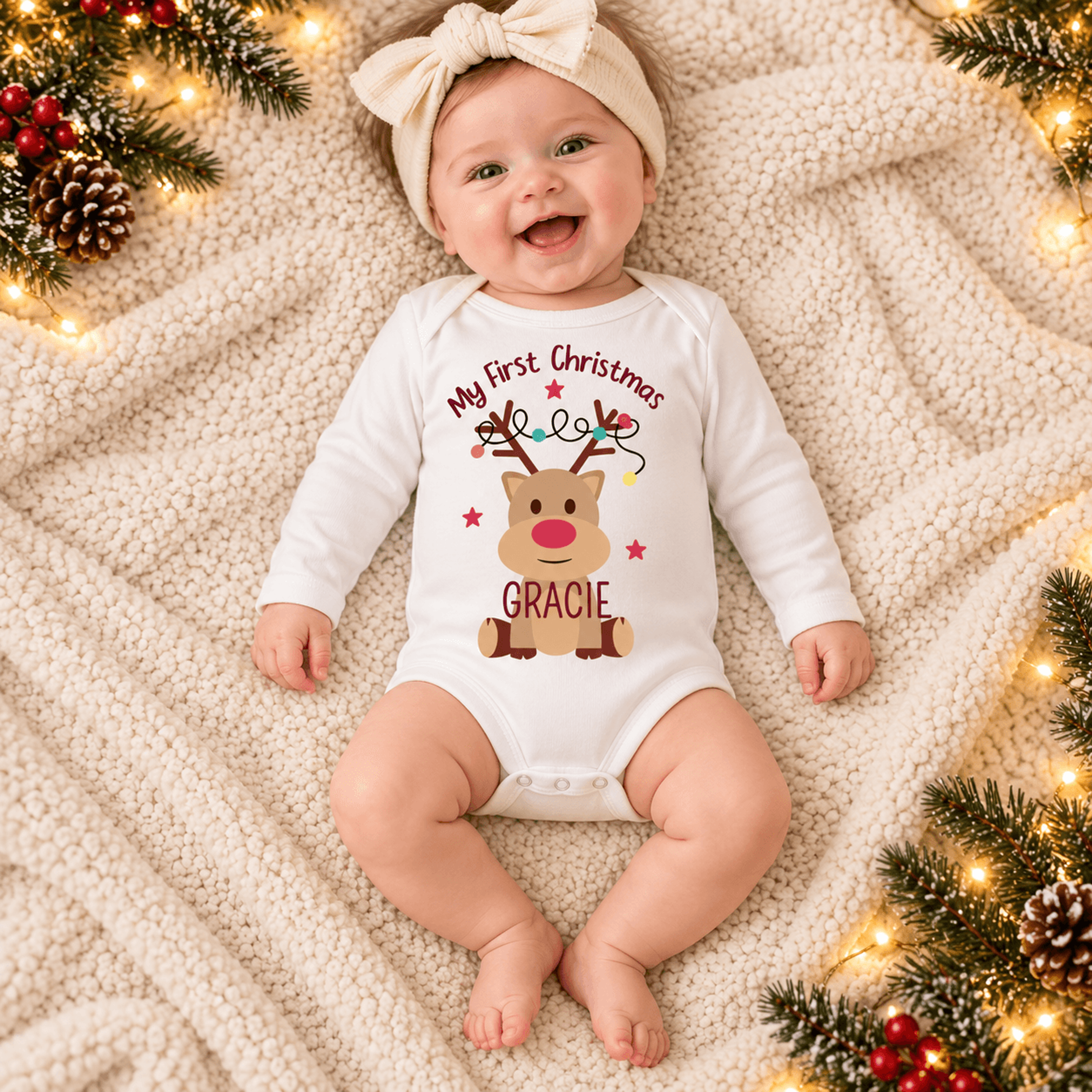 personalized my first christmas baby romper, custom name reindeer onesie, cute holiday baby bodysuit, unisex newborn