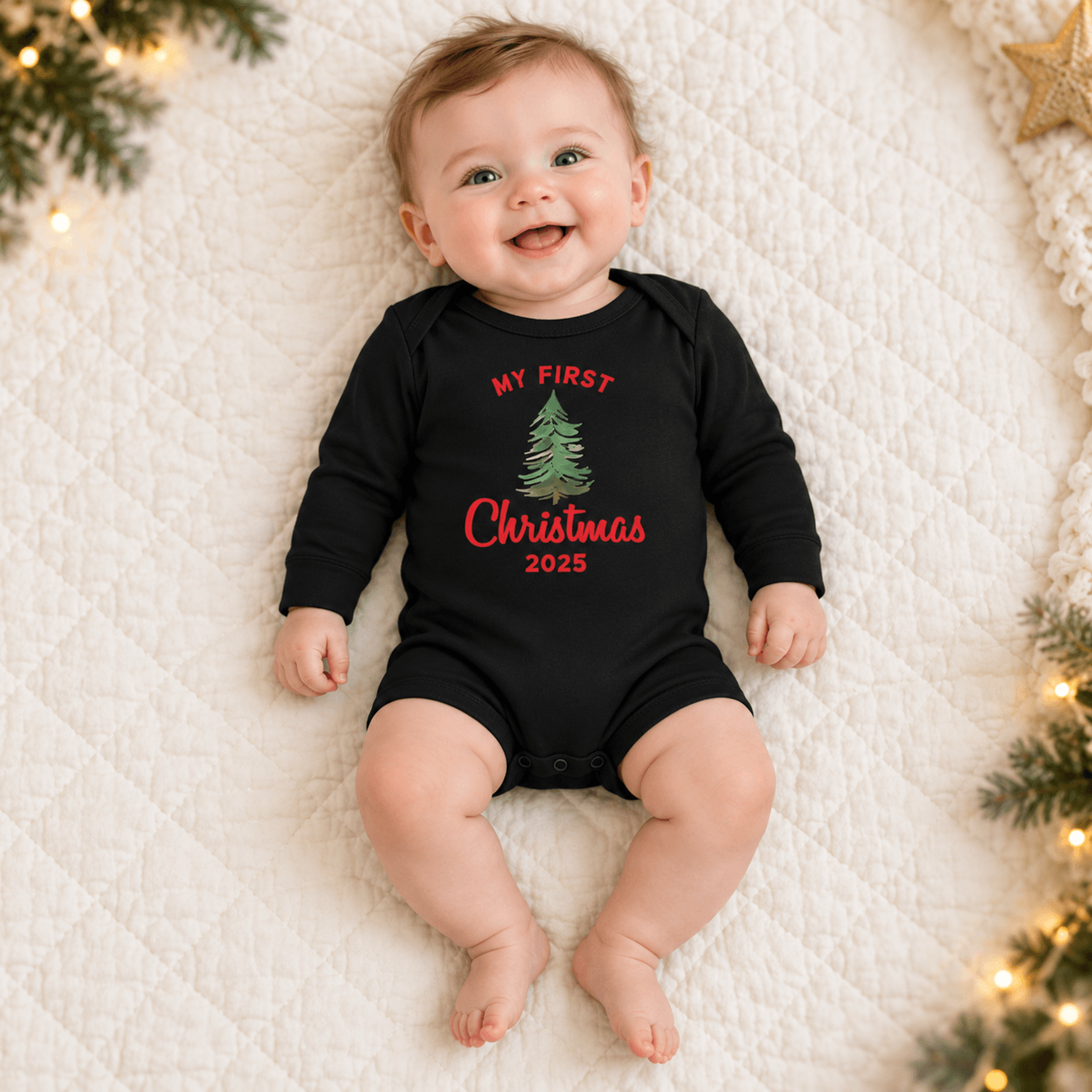 my first christmas 2025 baby romper, christmas tree baby onesie, unisex first xmas bodysuit, cute holiday baby outfit