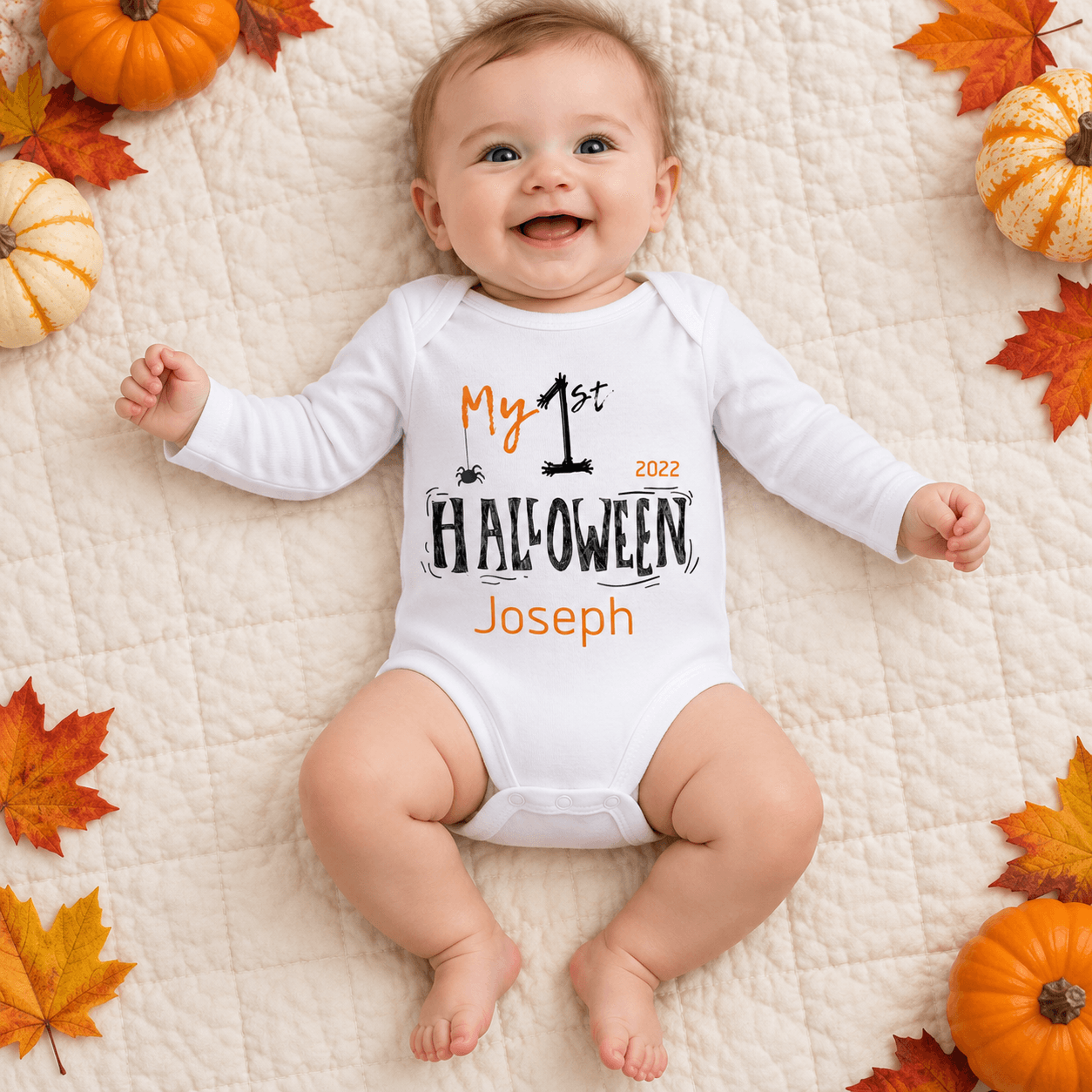 personalized my first halloween baby romper, custom name 1st halloween onesie, unisex baby halloween outfit, spooky
