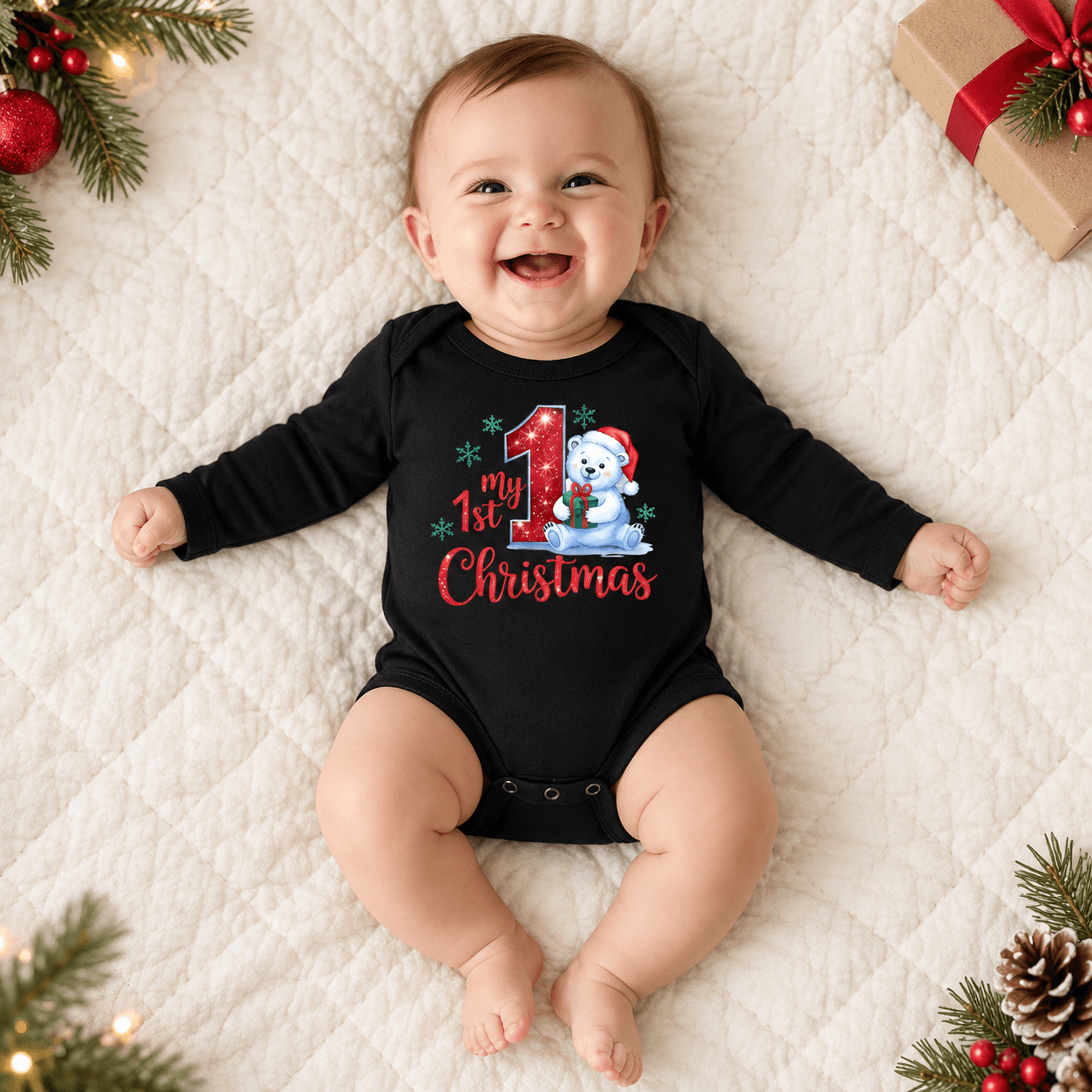 my first christmas baby romper, cute polar bear christmas onesie, unisex newborn holiday bodysuit, baby first xmas