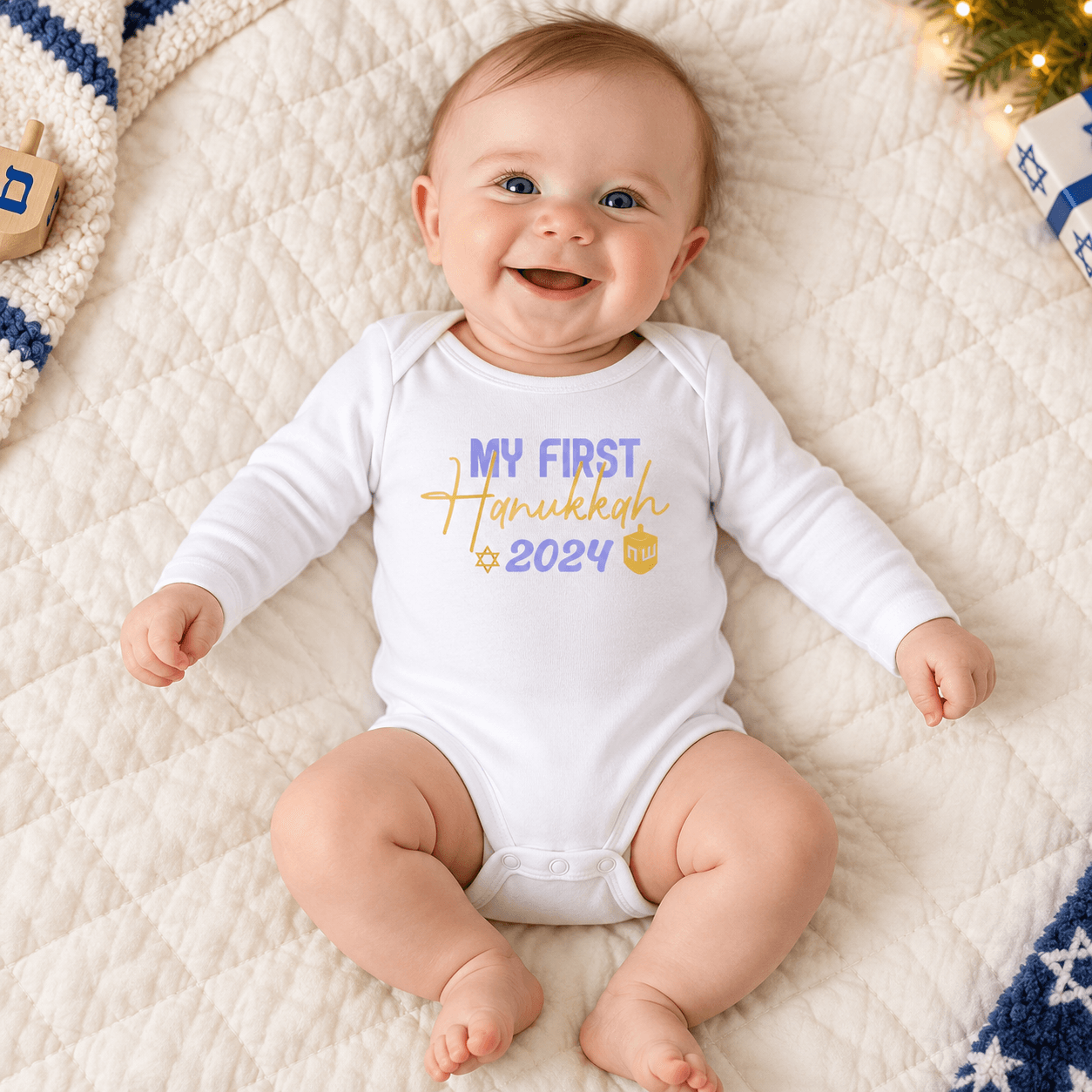 my first hanukkah 2024 baby romper, jewish baby bodysuit, unisex newborn hanukkah onesie, baby first chanukah outfit