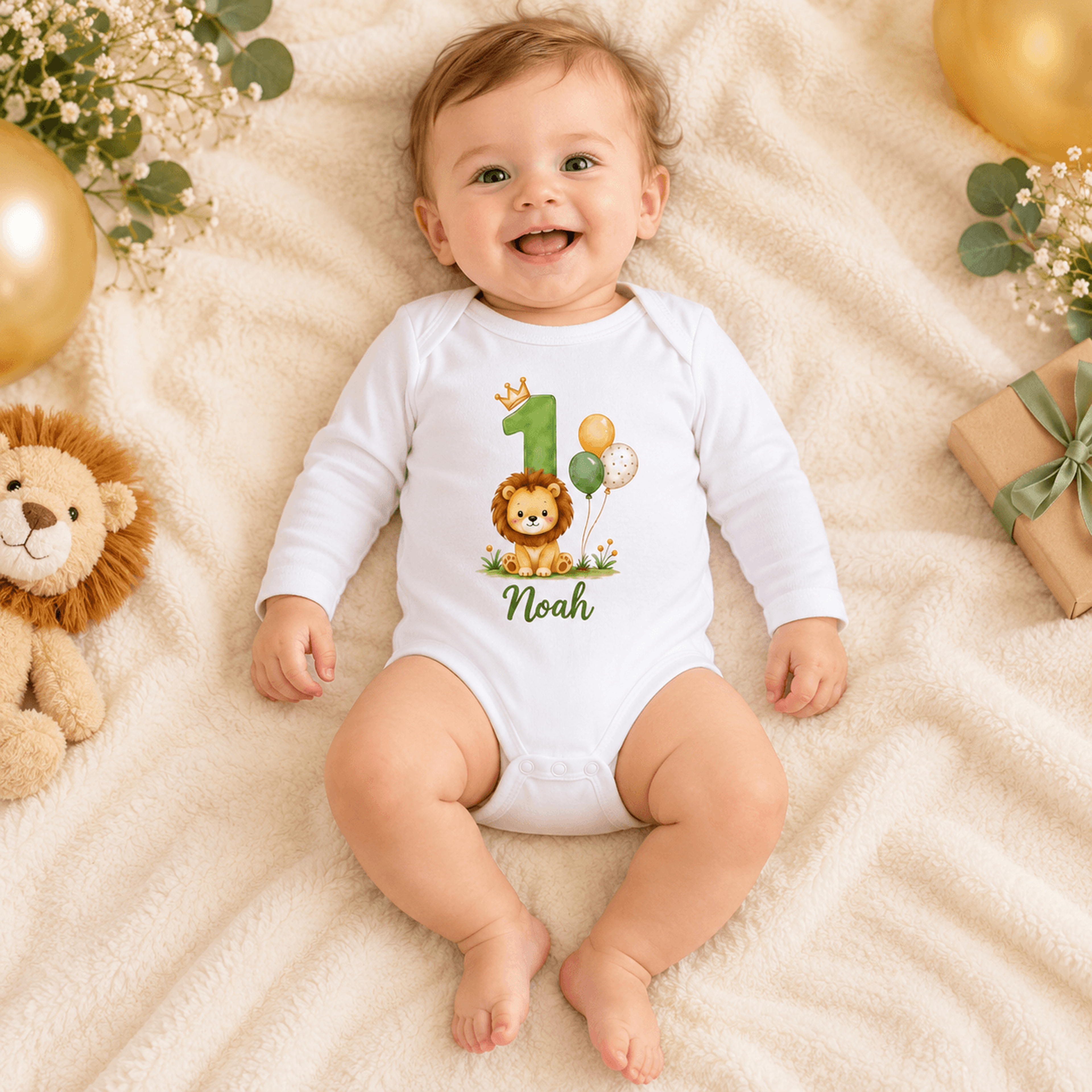 personalized 1st birthday baby bodysuit, custom name lion romper, cute safari first birthday outfit, unisex baby