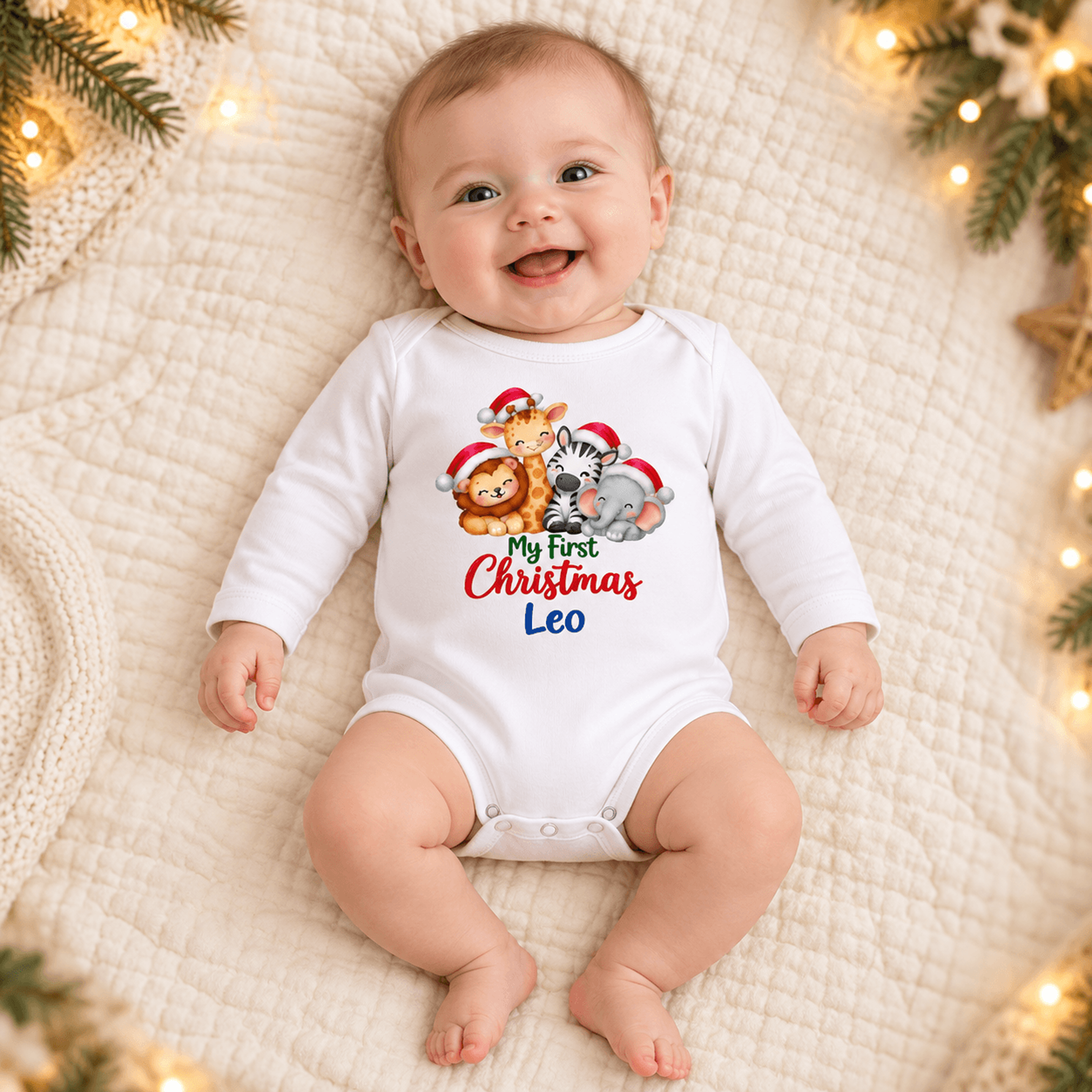 personalized my first christmas baby bodysuit, custom name safari animals romper, cute jungle christmas outfit, unisex