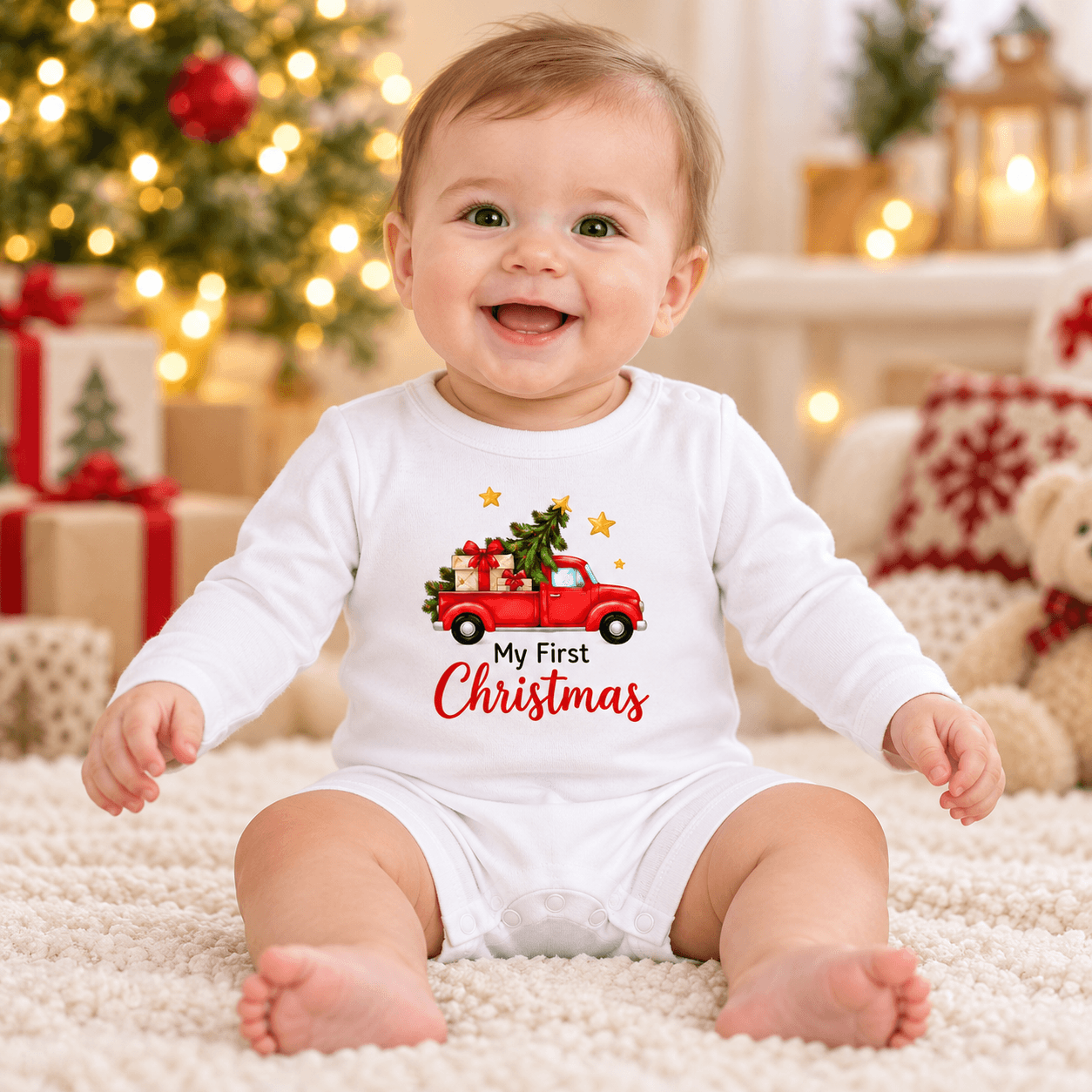 my first christmas baby bodysuit, vintage christmas truck baby romper, unisex infant holiday outfit, baby first xmas