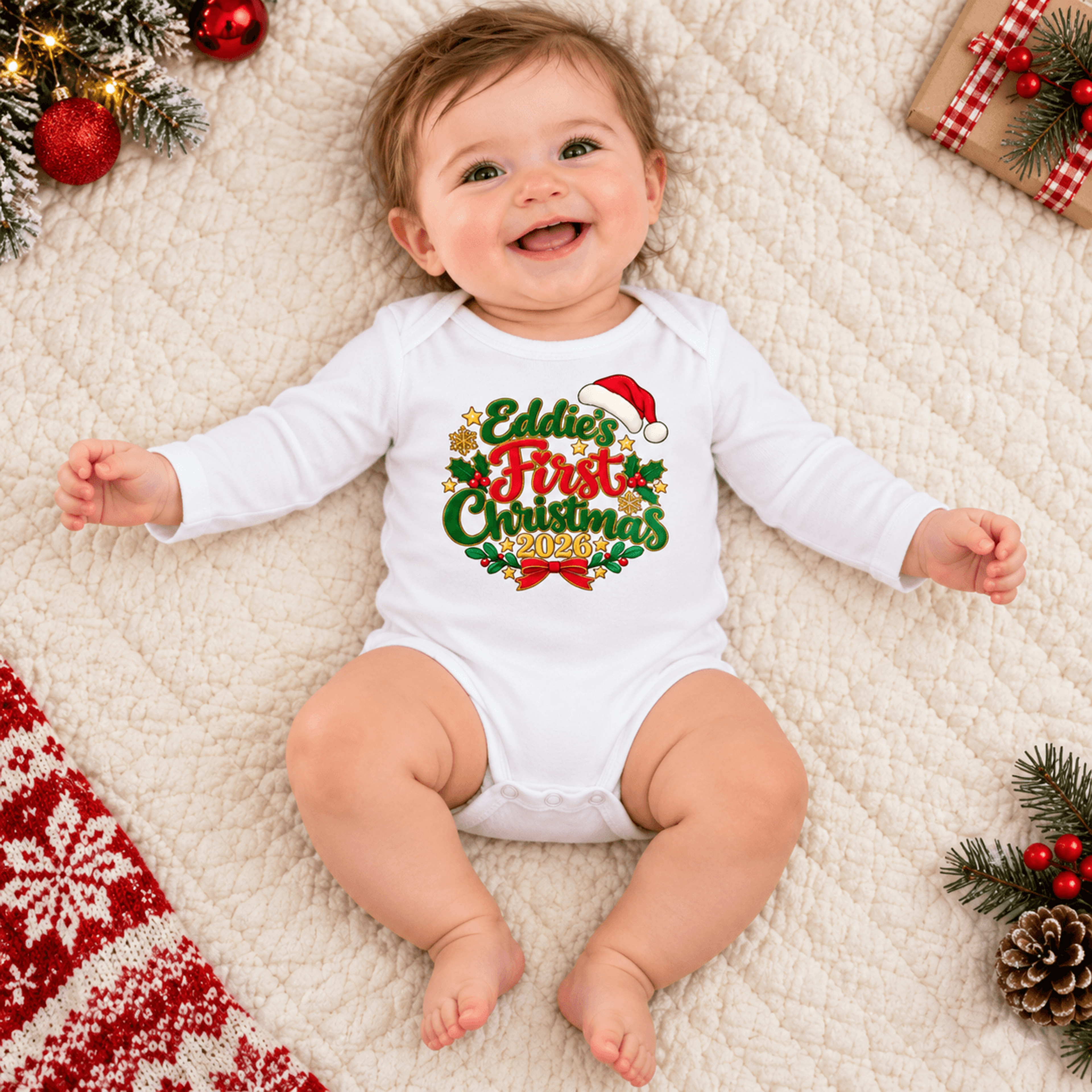 baby first christmas 2026 bodysuit, personalized name christmas baby romper, unisex infant holiday outfit, first xmas