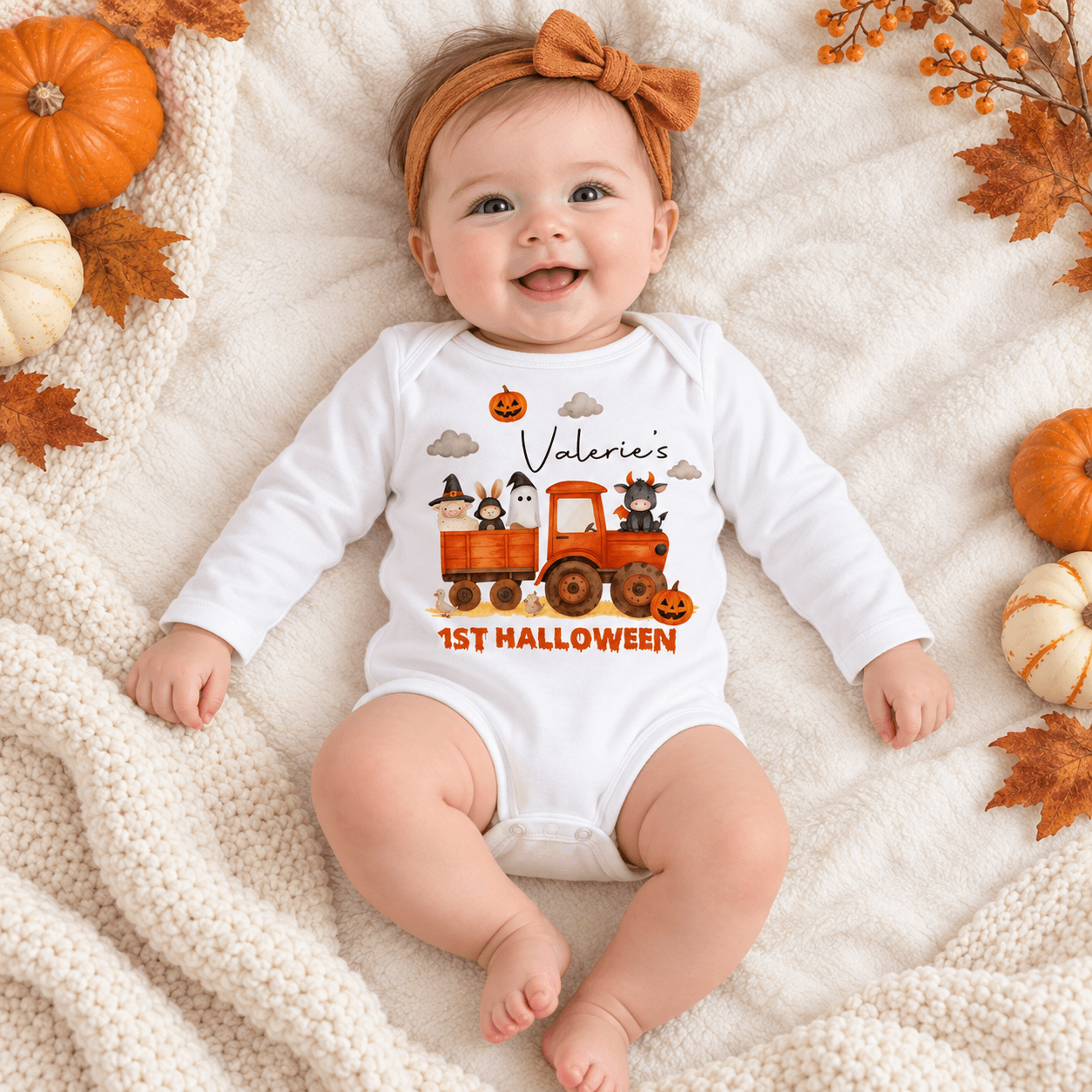 personalized my first halloween baby bodysuit, cute halloween tractor romper, custom name infant outfit, unisex baby