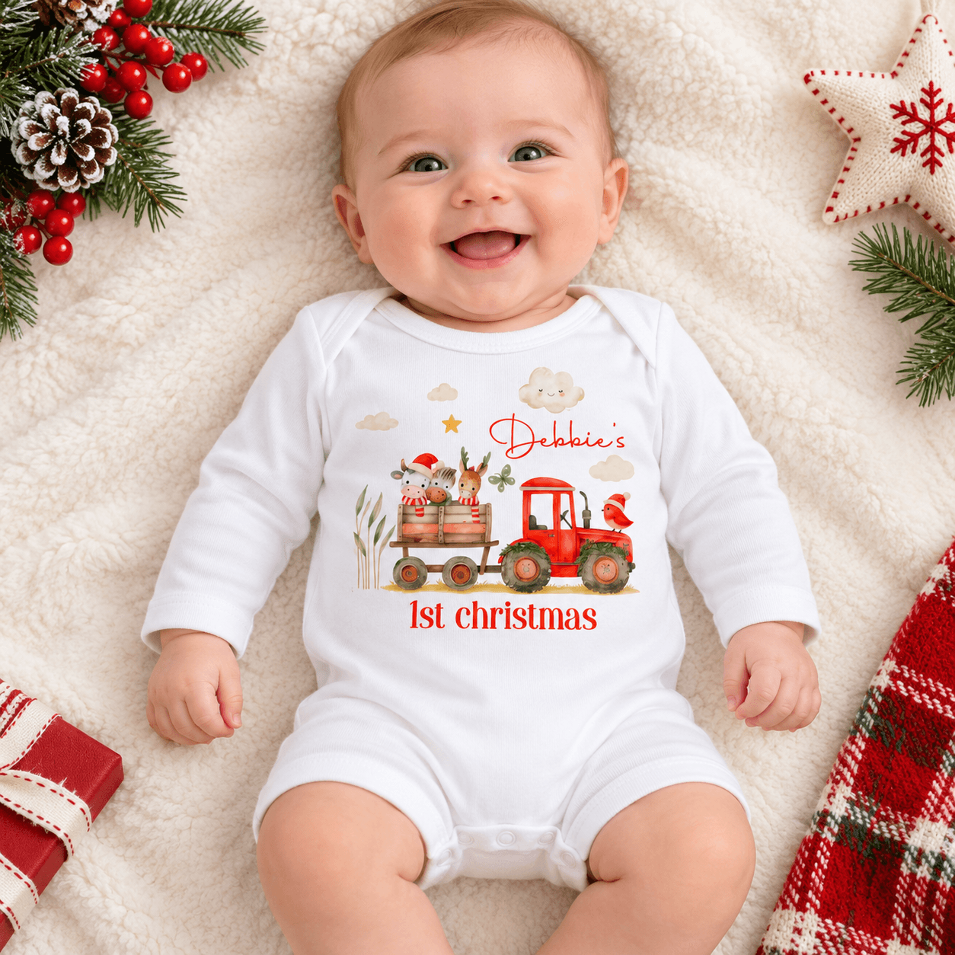 personalized first christmas baby bodysuit, cute farm tractor christmas romper, custom name unisex infant holiday outfit
