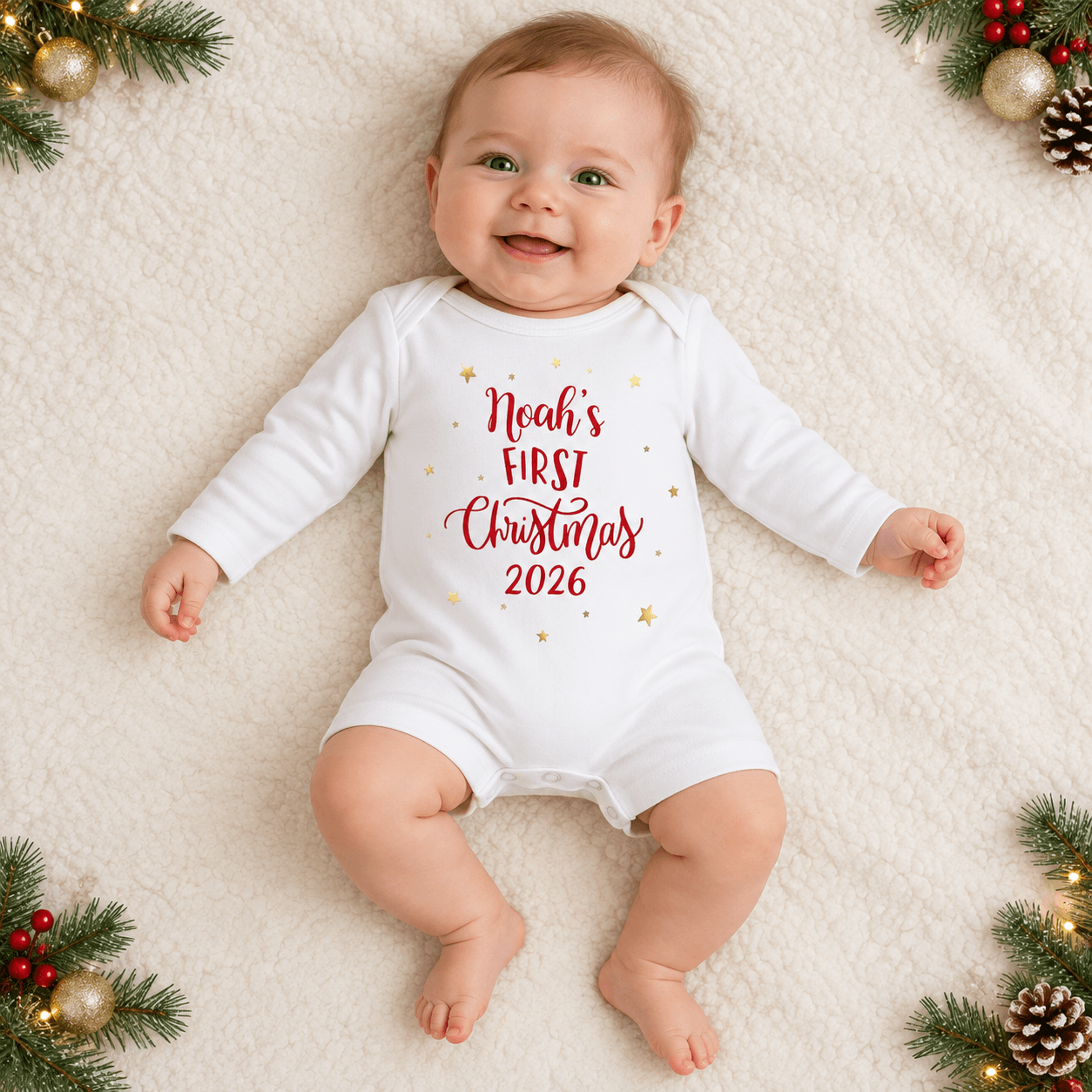 personalized first christmas 2026 baby bodysuit, custom name christmas baby romper, star holiday outfit, unisex newborn