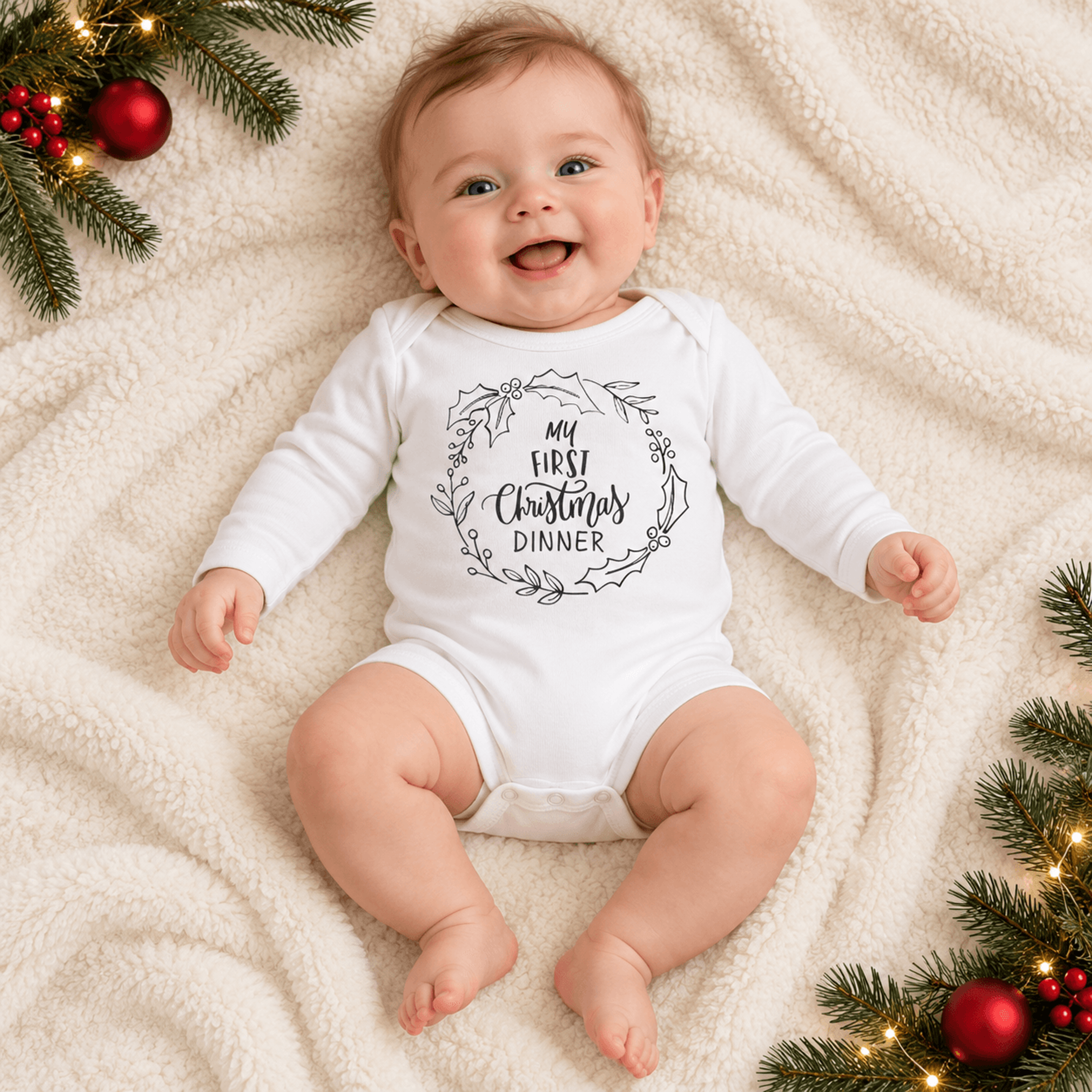 my first christmas dinner baby bodysuit, funny christmas baby romper, holiday dinner outfit, unisex infant christmas