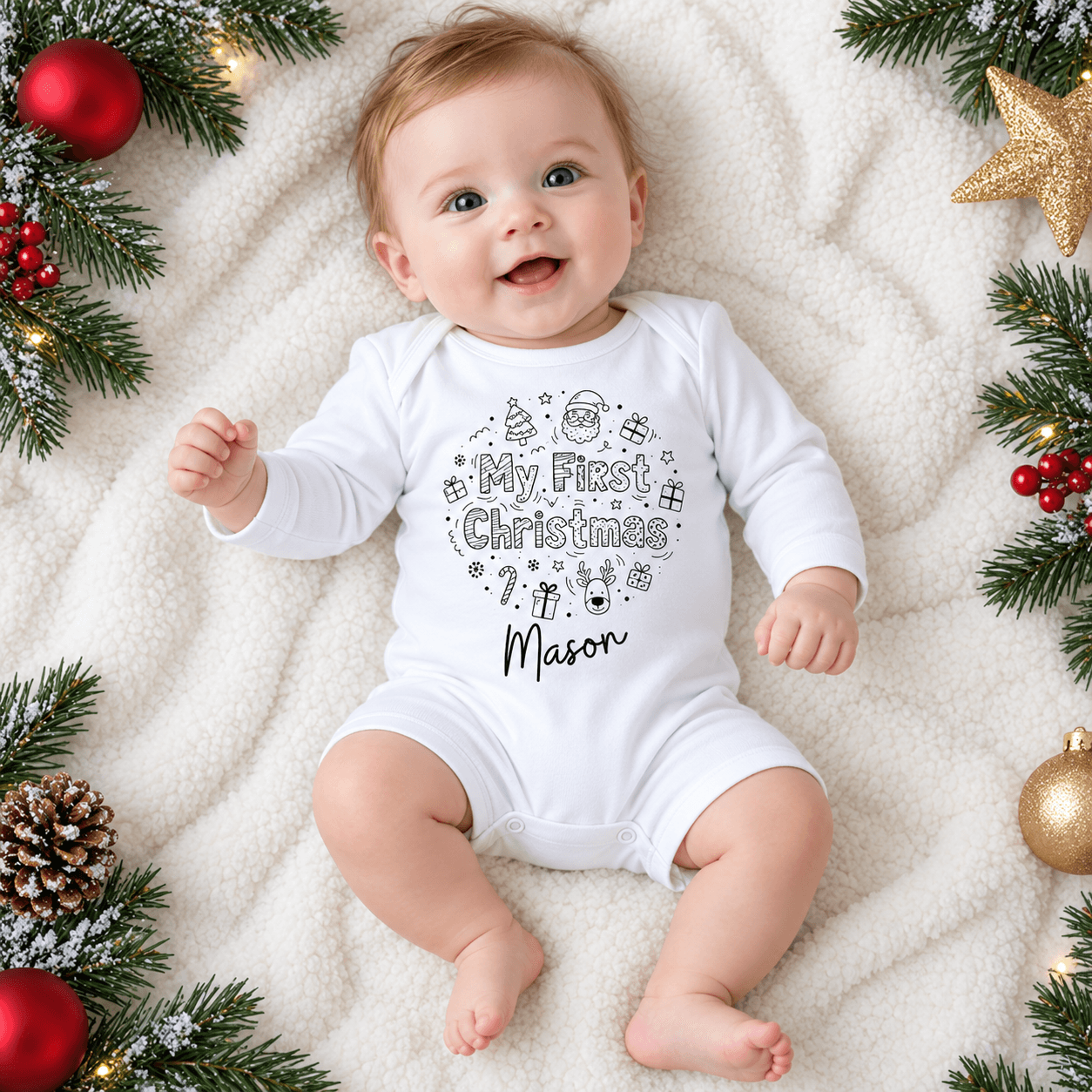 personalized my first christmas baby bodysuit, custom name holiday romper, cute santa reindeer xmas outfit, unisex