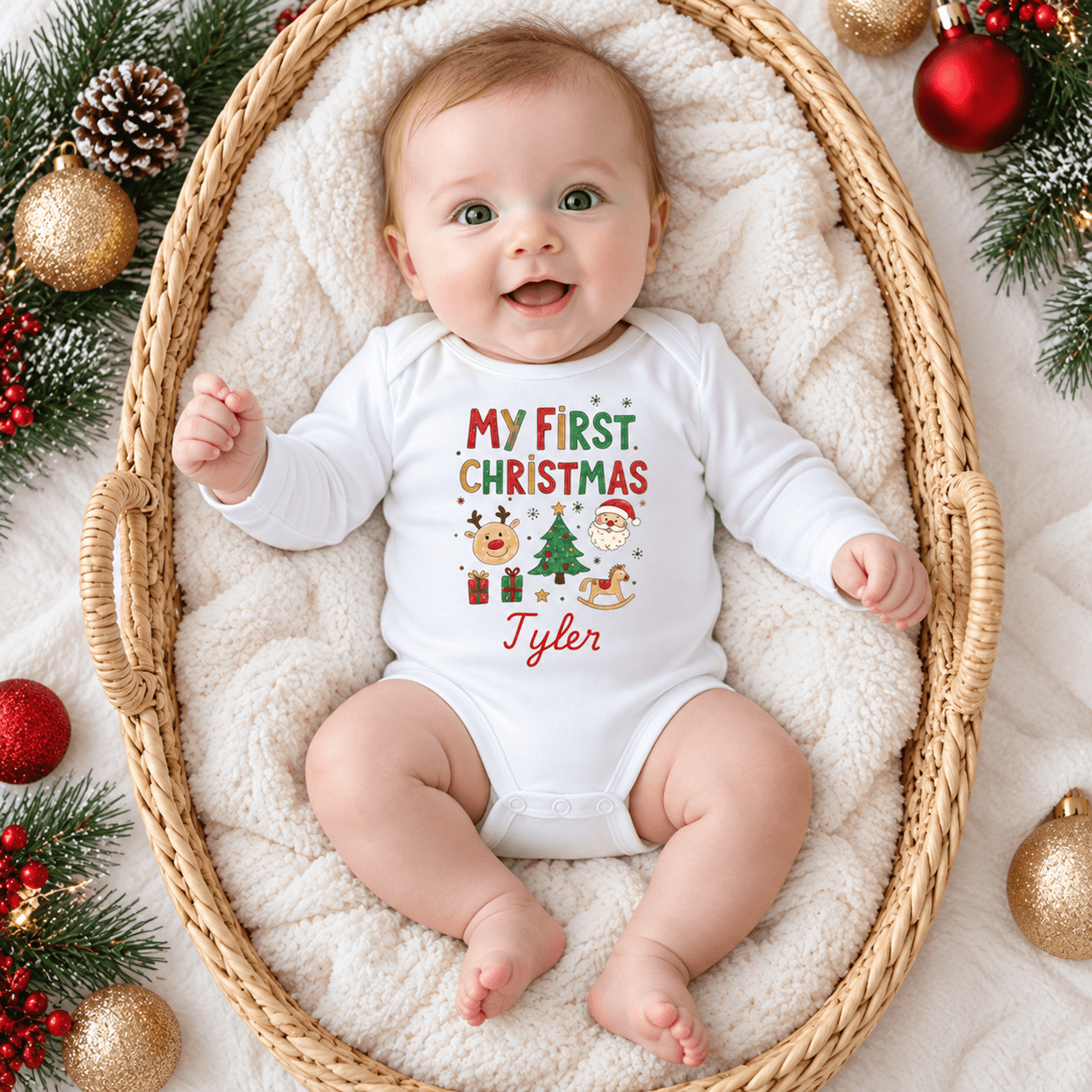personalized my first christmas baby bodysuit, custom name christmas romper, cute santa reindeer holiday outfit, unisex
