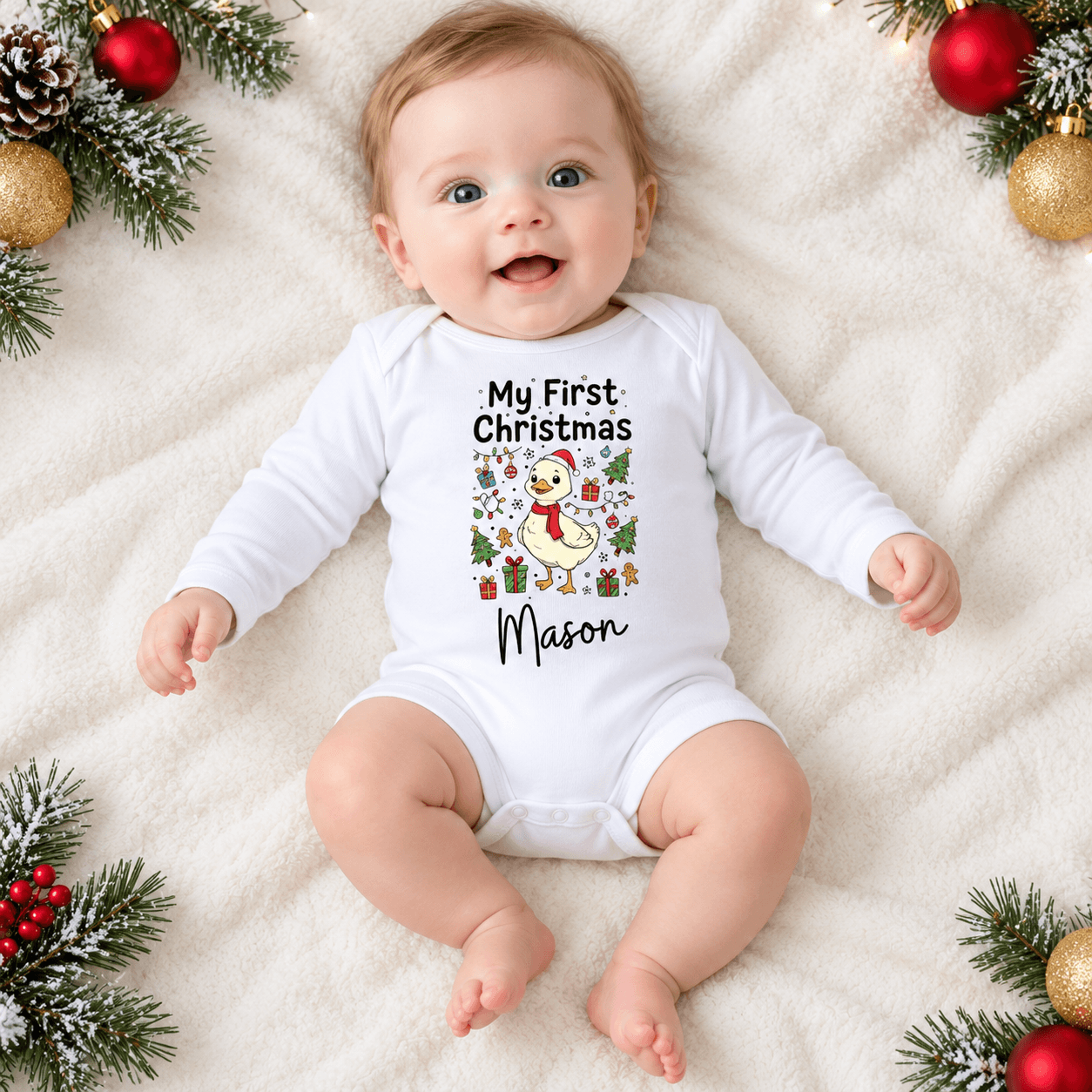 personalized my first christmas baby bodysuit, cute christmas duck romper, custom name holiday outfit, unisex newborn