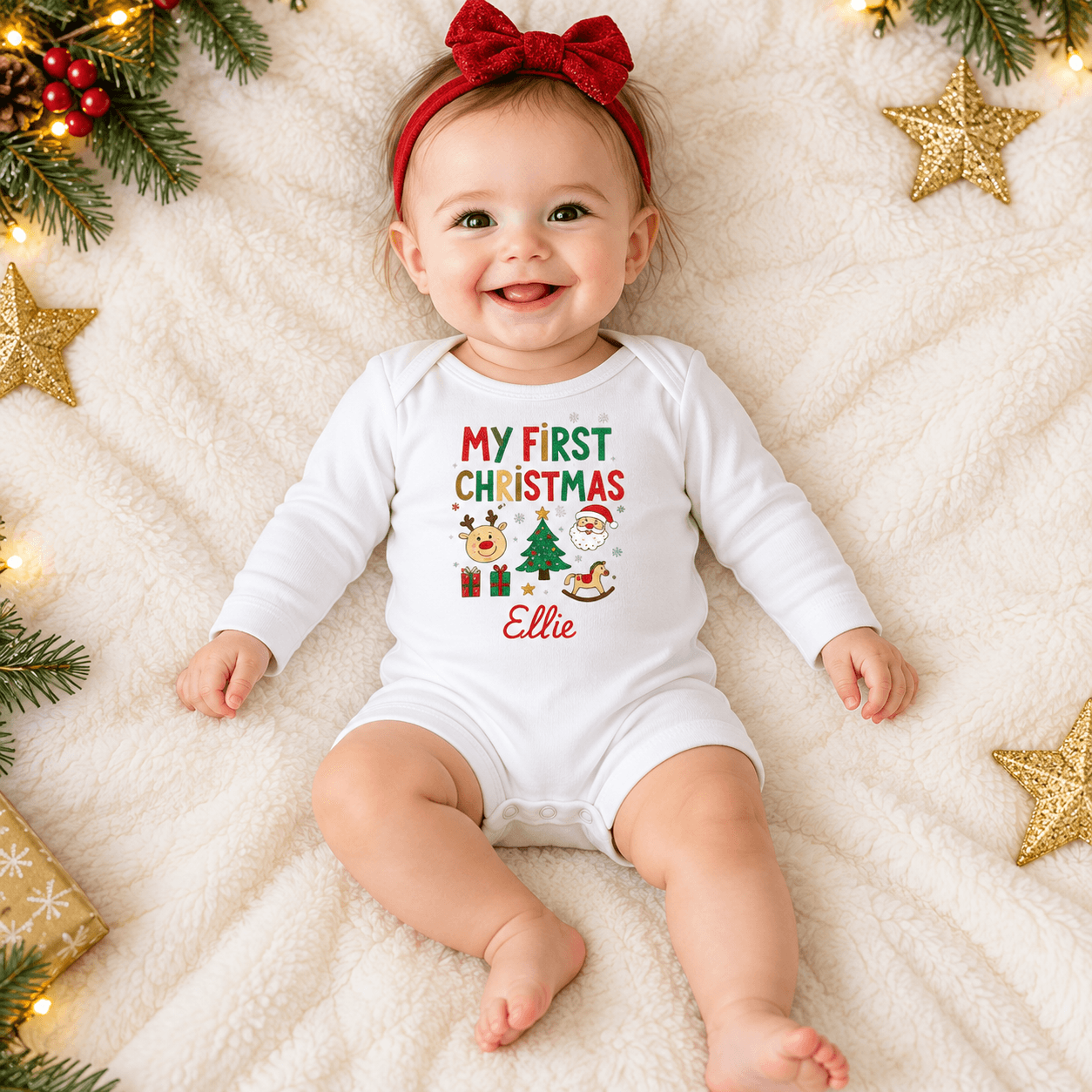 personalized my first christmas baby bodysuit, custom name christmas romper, cute reindeer santa holiday outfit, unisex