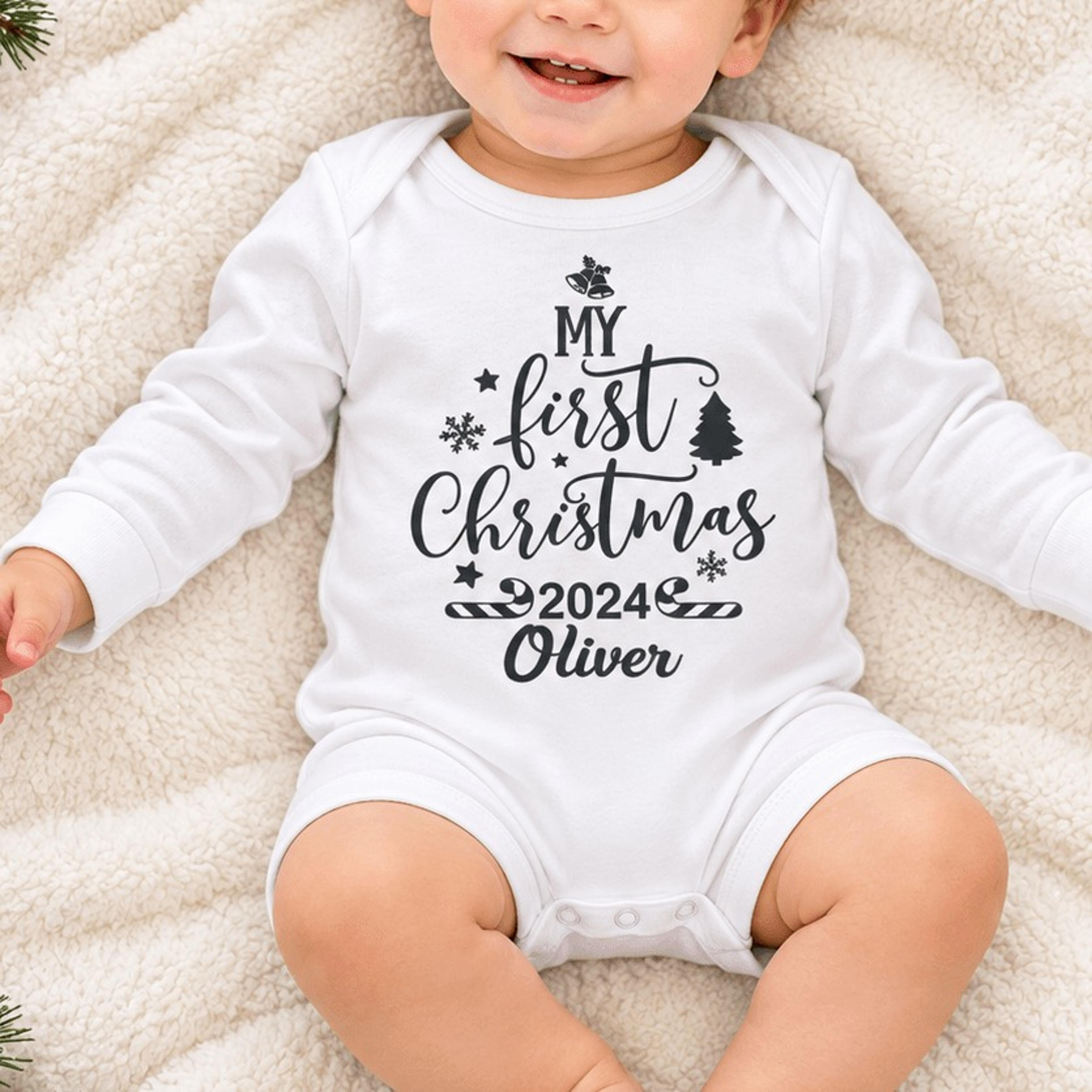 personalized my first christmas baby bodysuit, custom name and year christmas romper, holiday keepsake, unisex newborn