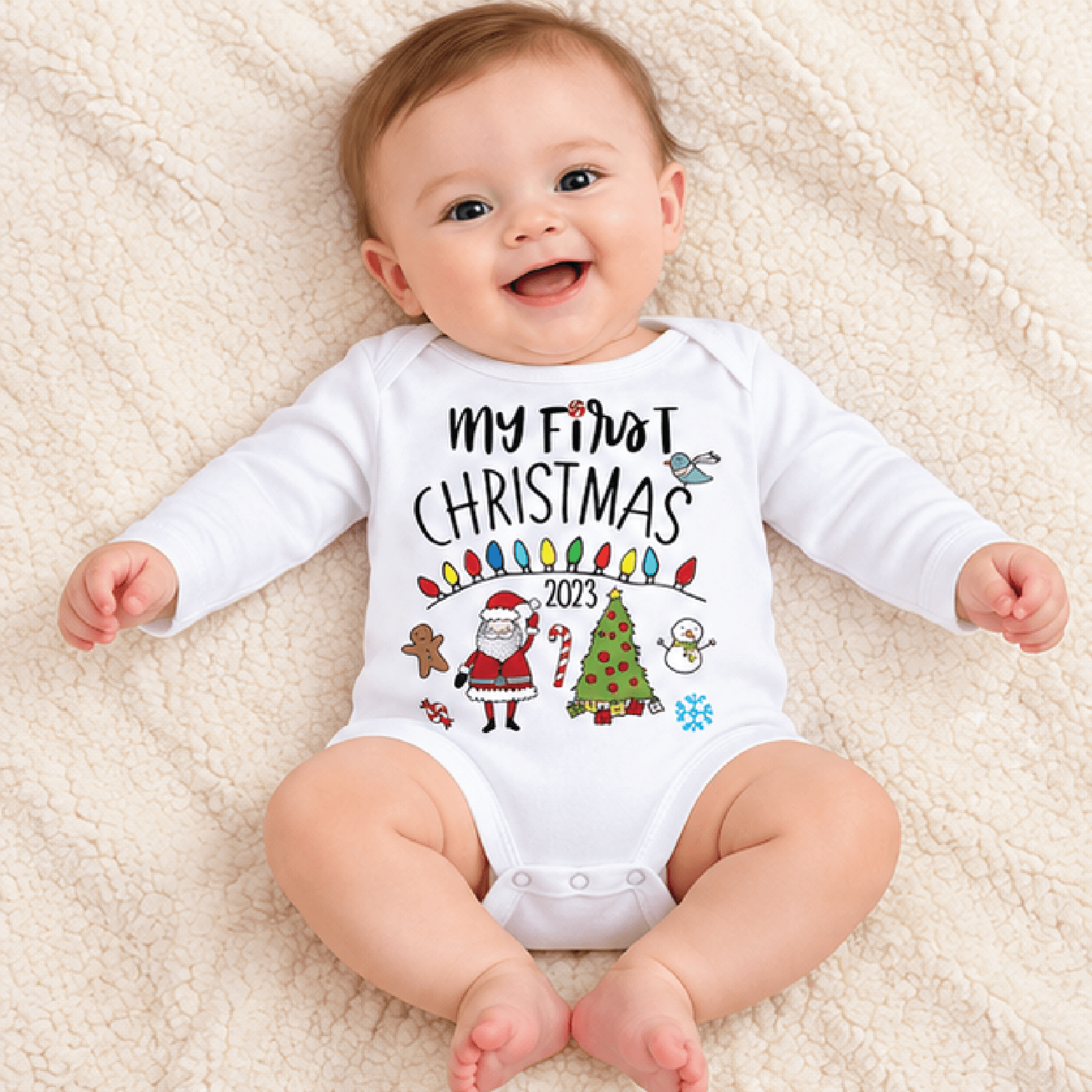 my first christmas 2025 baby romper, cute santa christmas lights baby bodysuit, unisex newborn holiday outfit, first