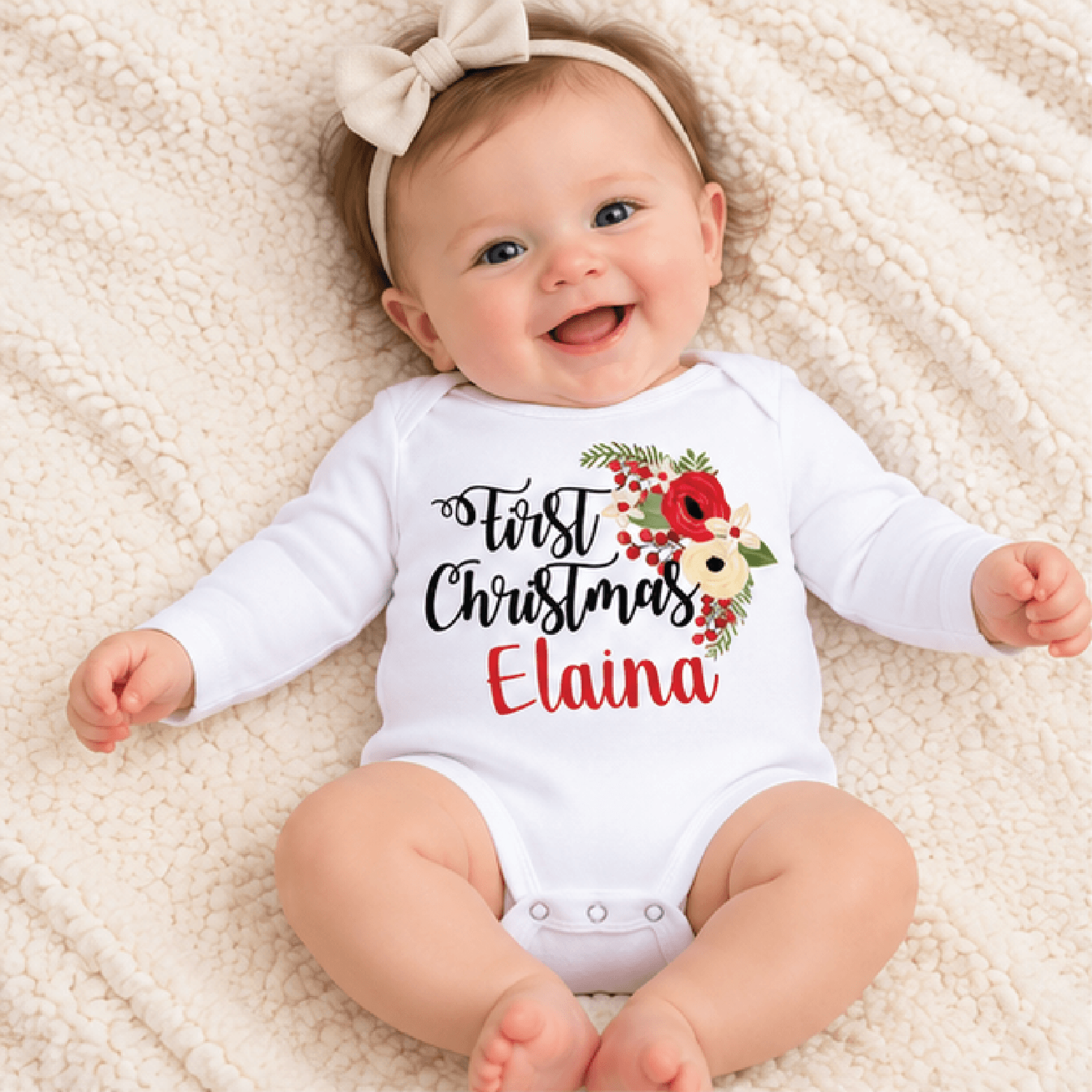 personalized first christmas baby romper, custom name floral christmas bodysuit, unisex newborn holiday outfit, baby