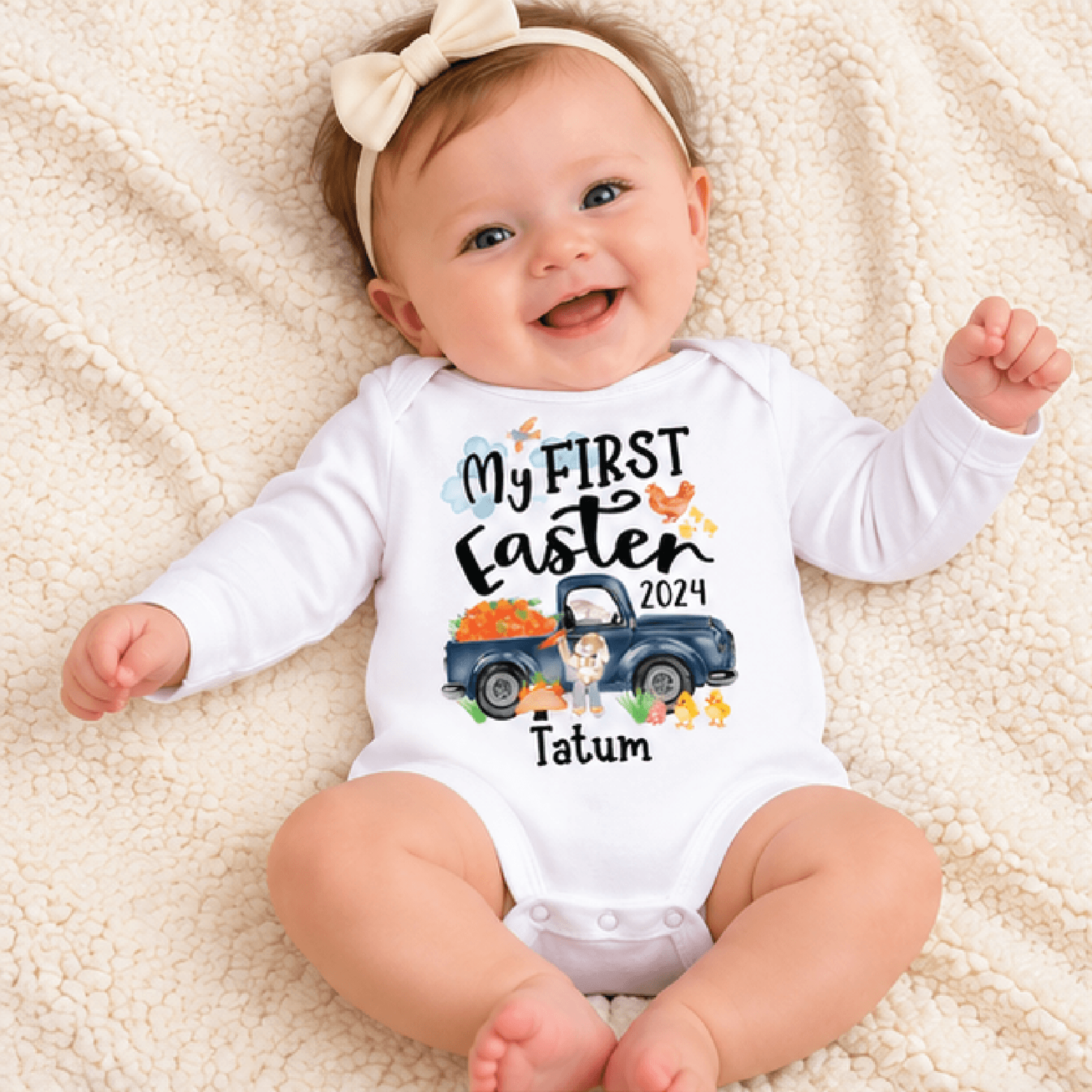 personalized my first easter baby romper, vintage bunny truck baby bodysuit, custom name unisex easter outfit, baby gift