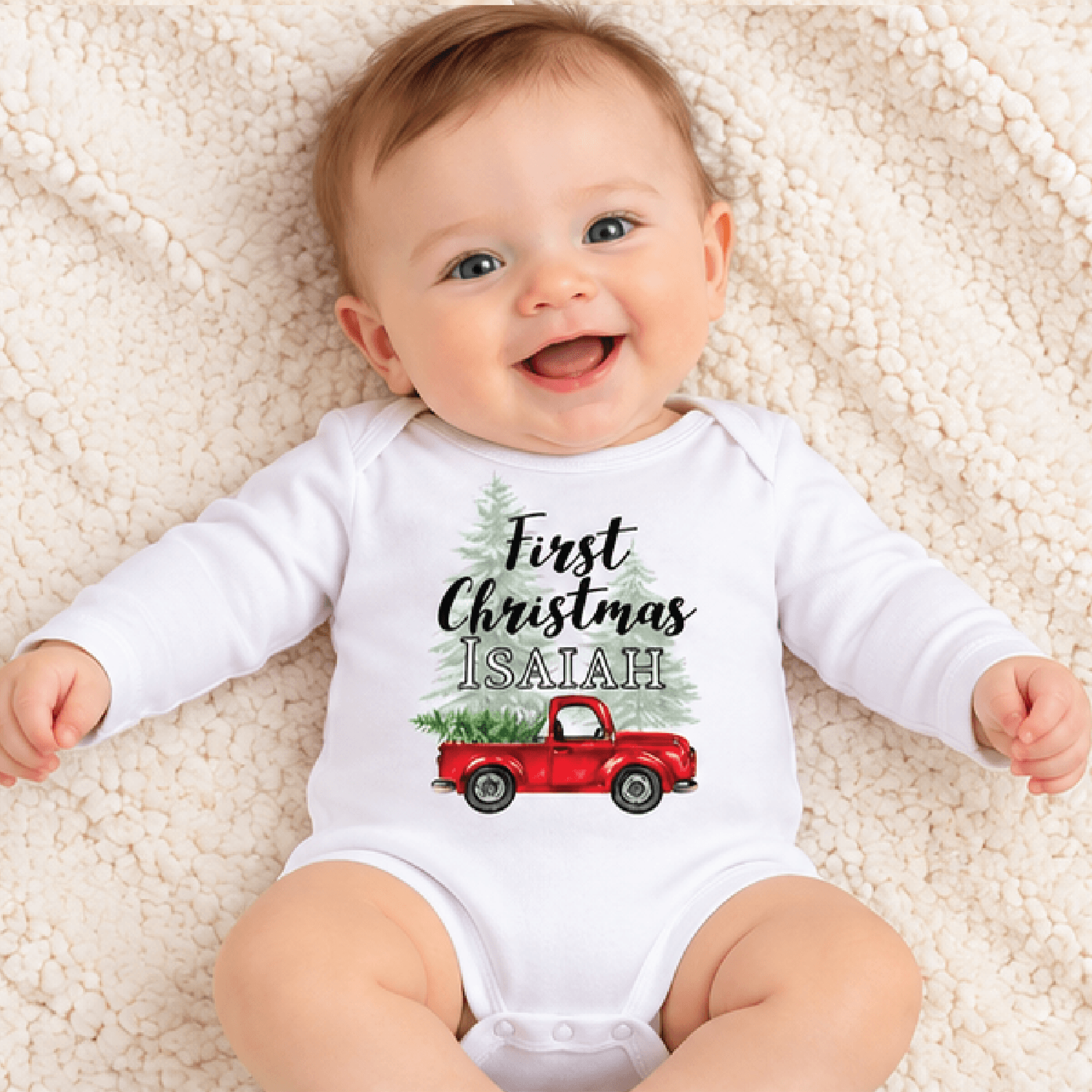 personalized first christmas baby romper, vintage christmas truck baby bodysuit, custom name unisex newborn holiday