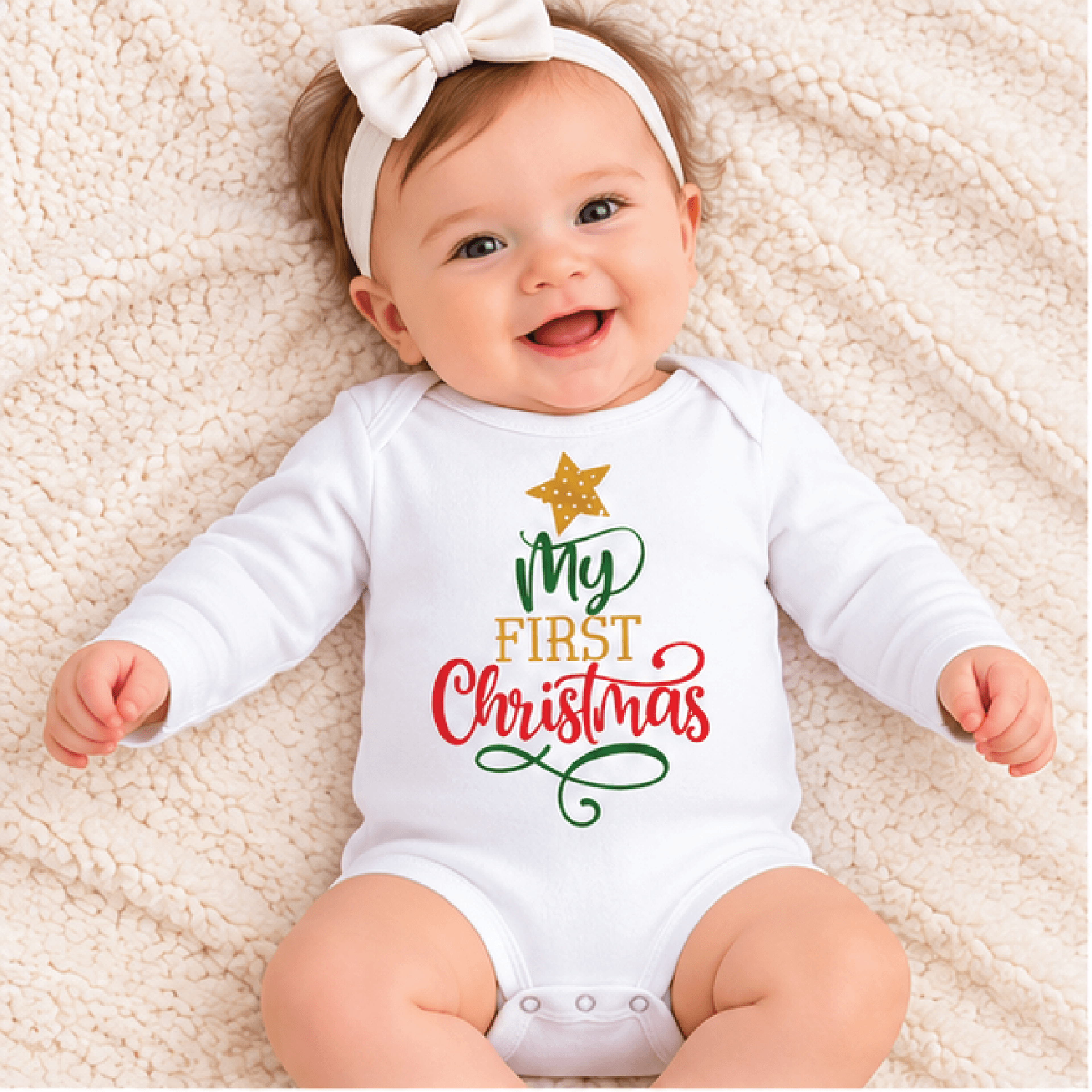 my first christmas baby romper, elegant holiday star bodysuit, festive calligraphy newborn outfit, unisex infant