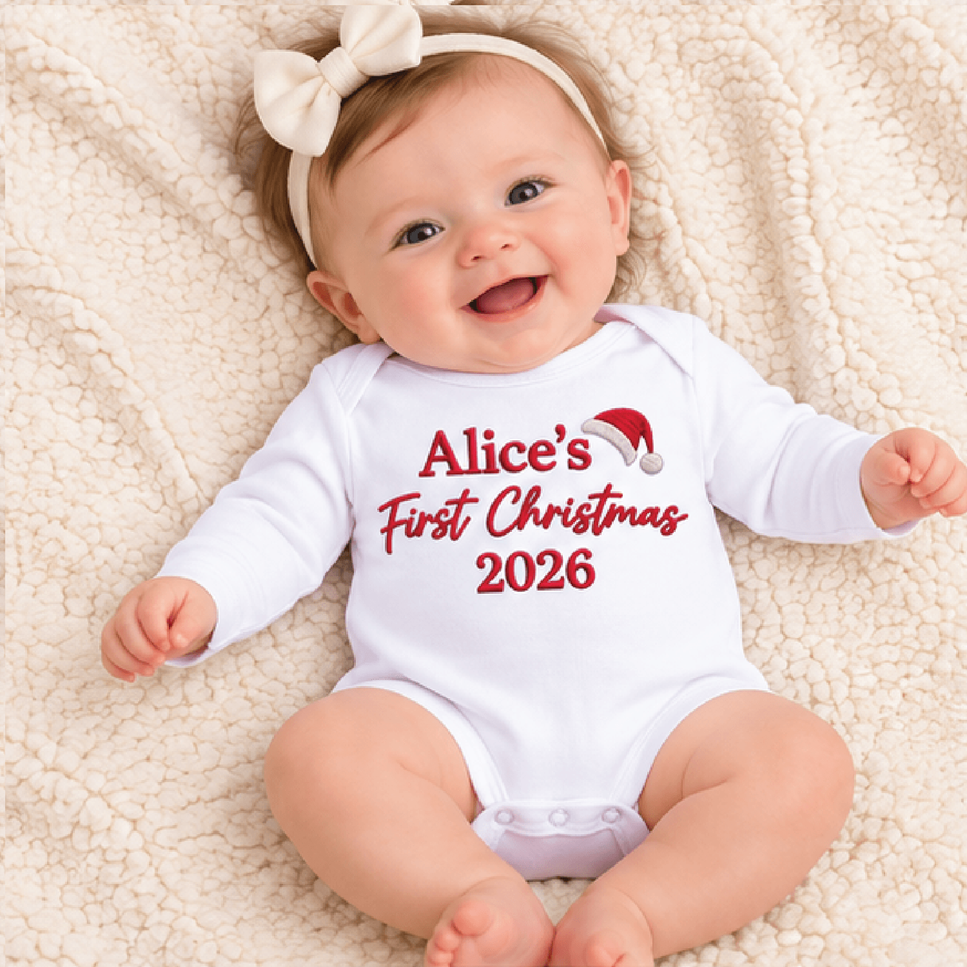 personalized baby first christmas romper, custom name and year santa hat bodysuit, minimalist holiday newborn outfit