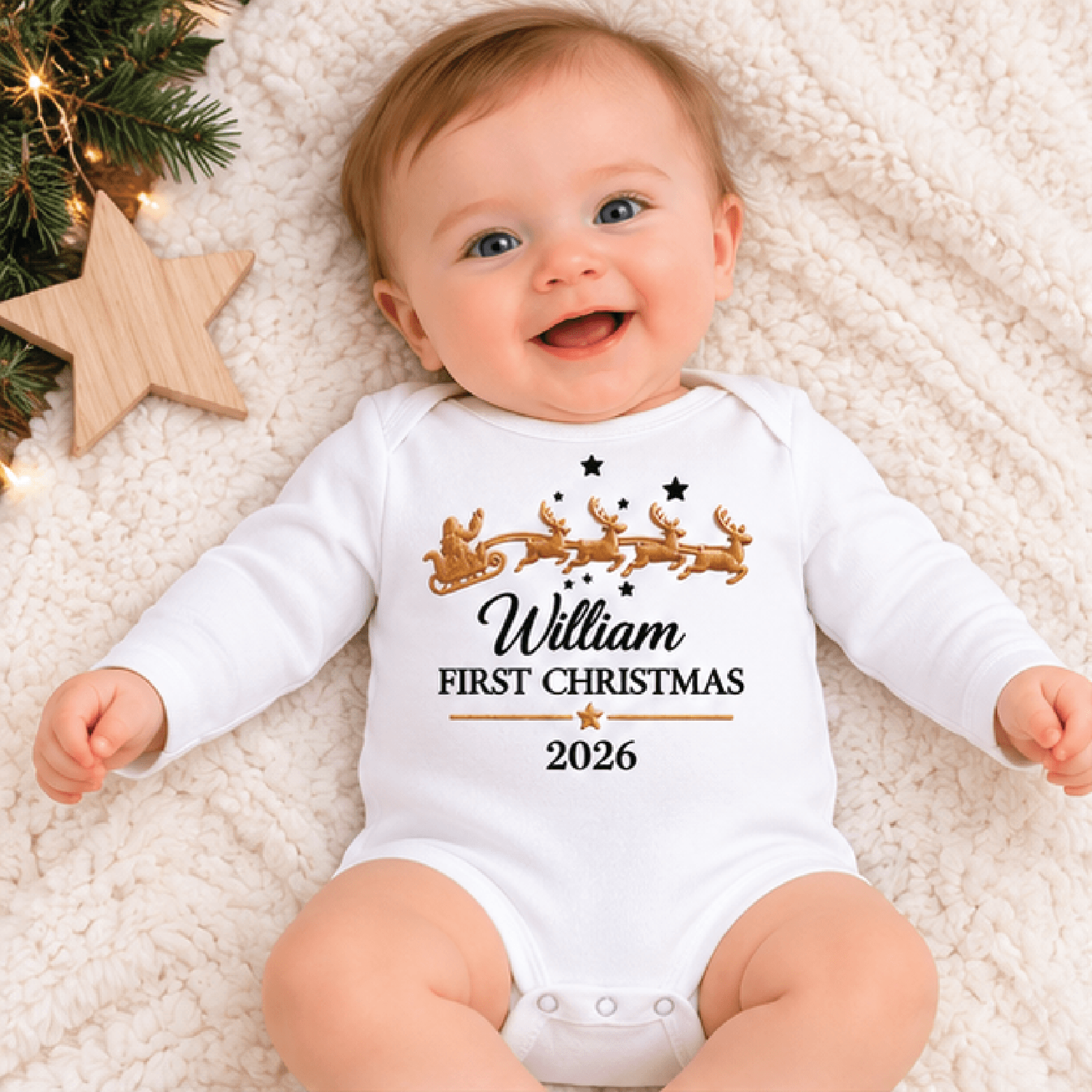 personalized baby first christmas romper with name and year, santa sleigh reindeer christmas bodysuit, unisex holiday