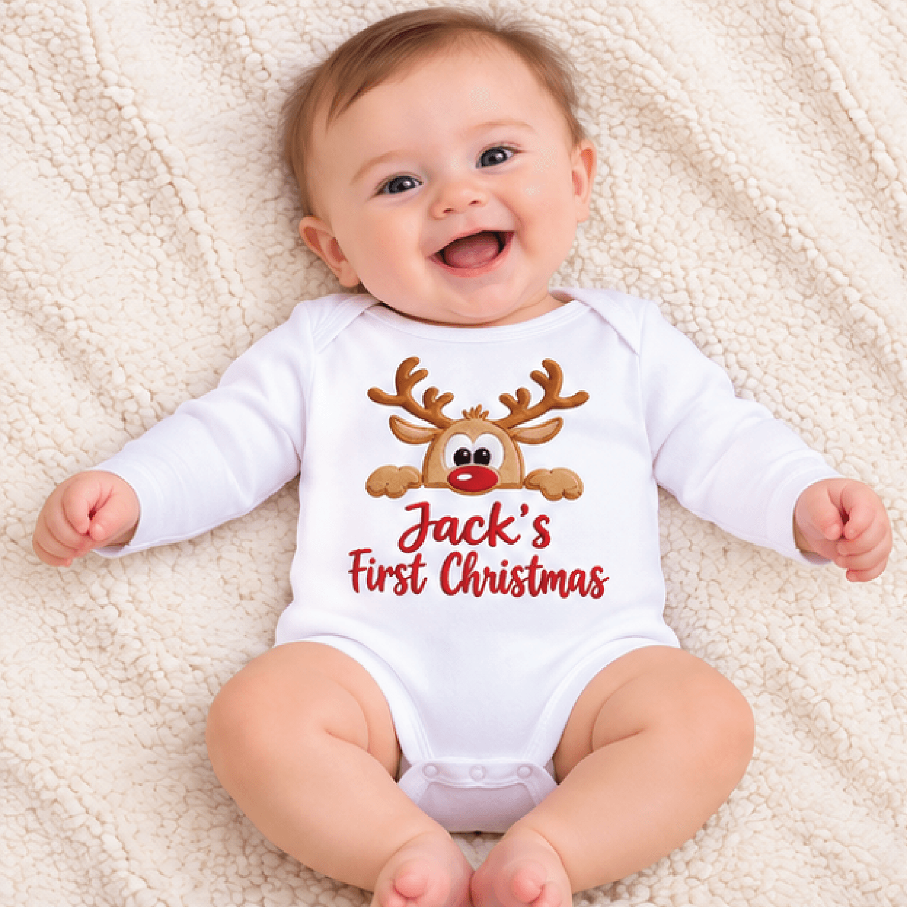personalized reindeer baby first christmas romper, custom name rudolph holiday bodysuit, cute unisex infant christmas
