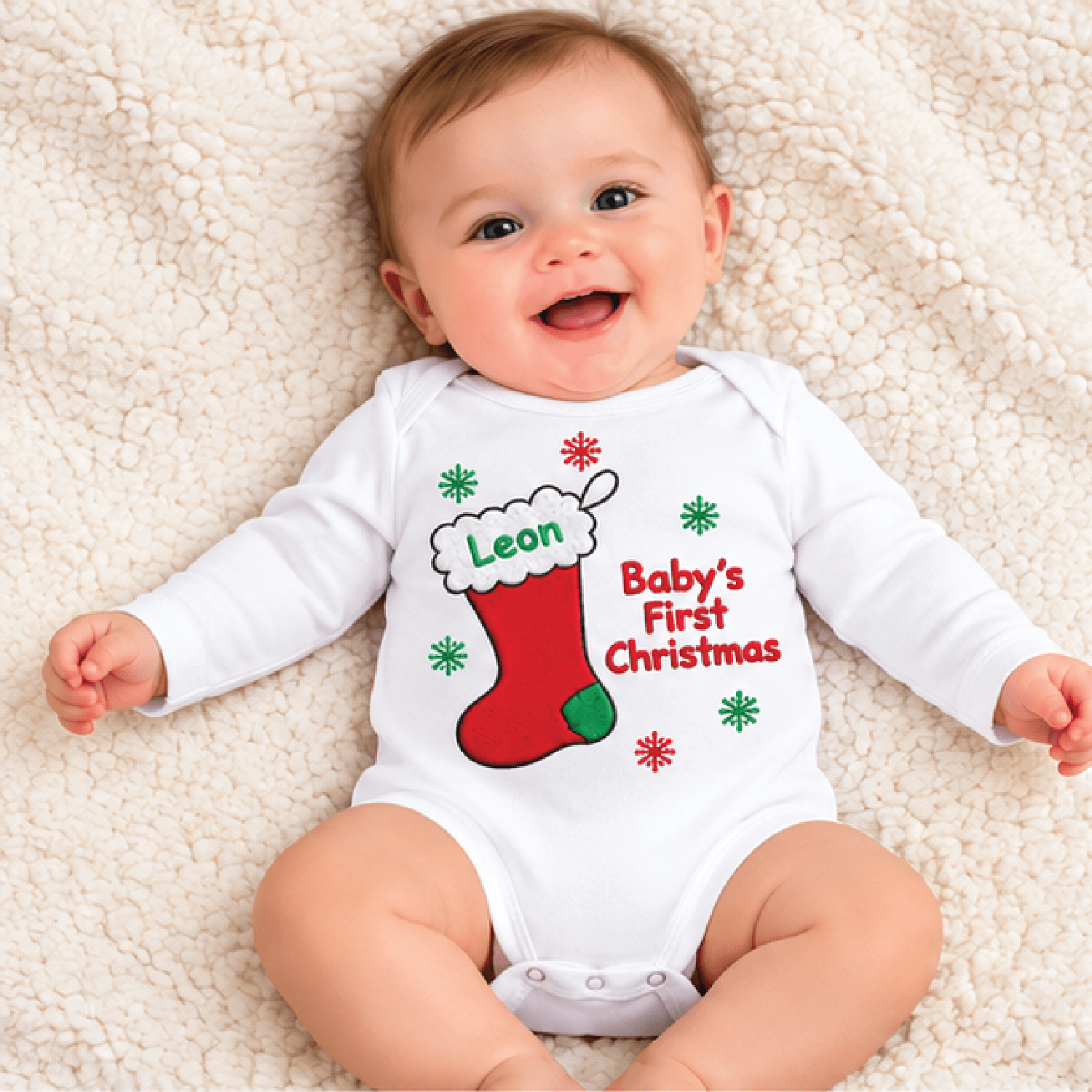 personalized baby first christmas romper, custom name christmas stocking bodysuit, snowflake holiday outfit, unisex baby