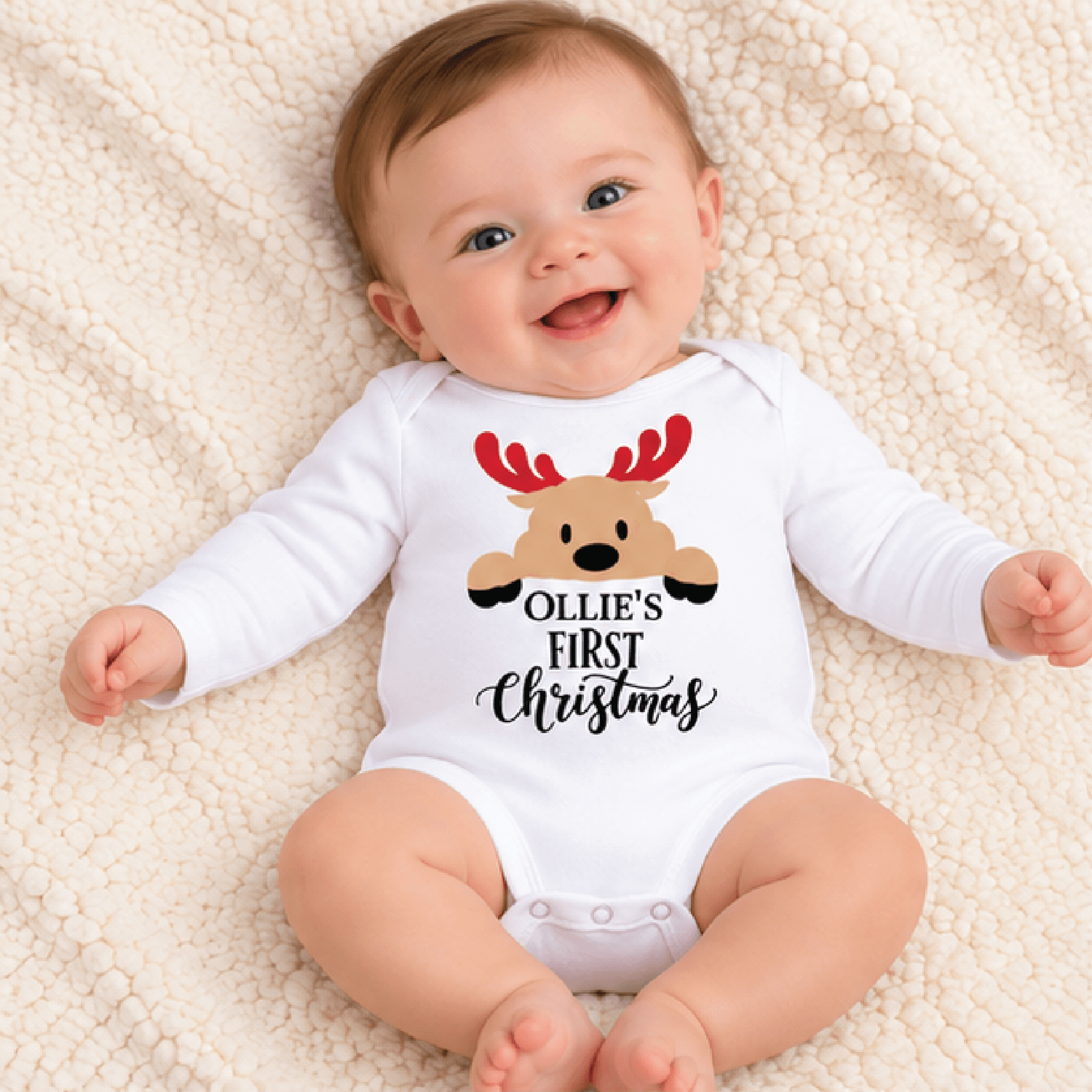 custom name baby first christmas romper, cute peeking moose holiday bodysuit, personalized unisex infant christmas