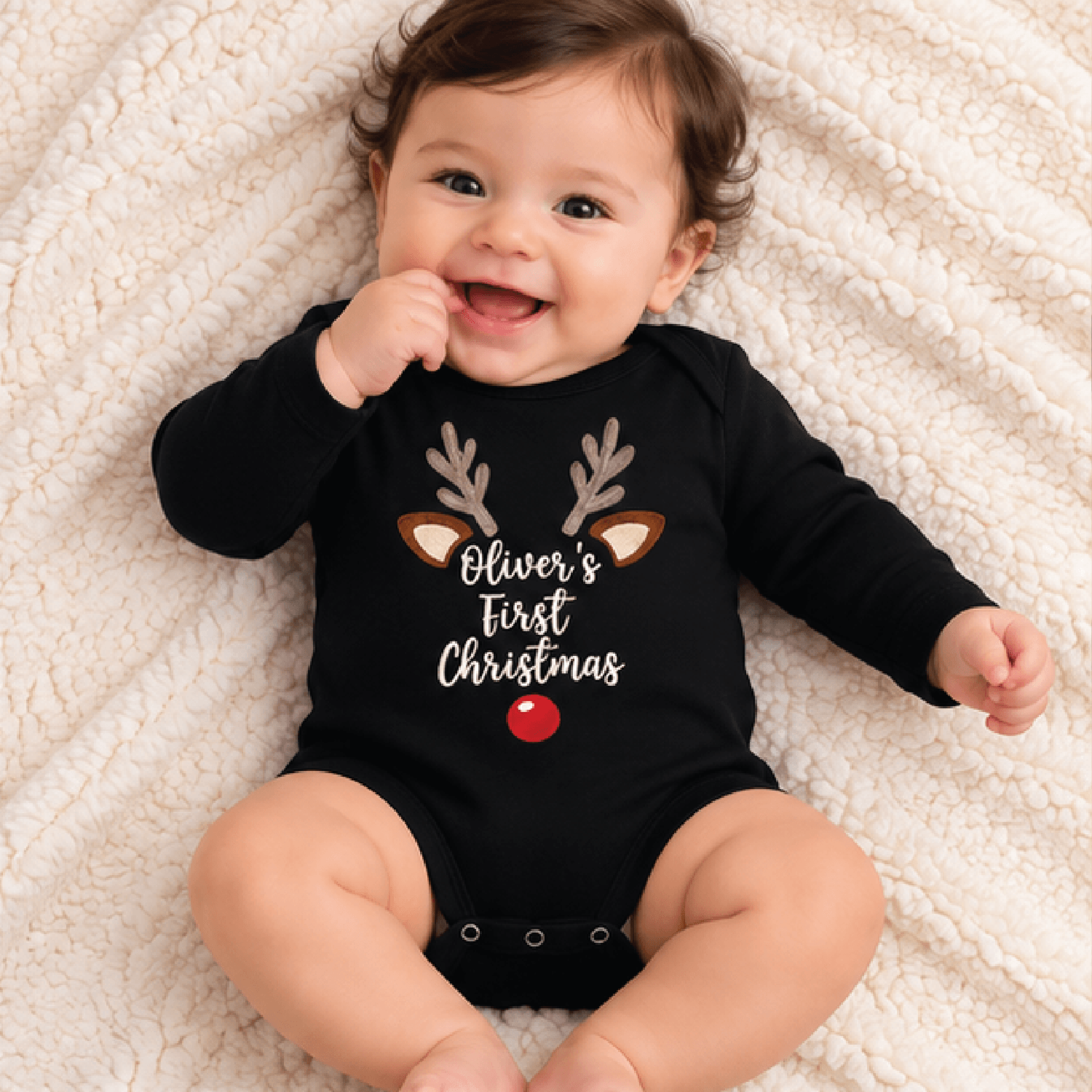 personalized baby first christmas reindeer romper, custom name rudolph antlers bodysuit, cute unisex infant holiday