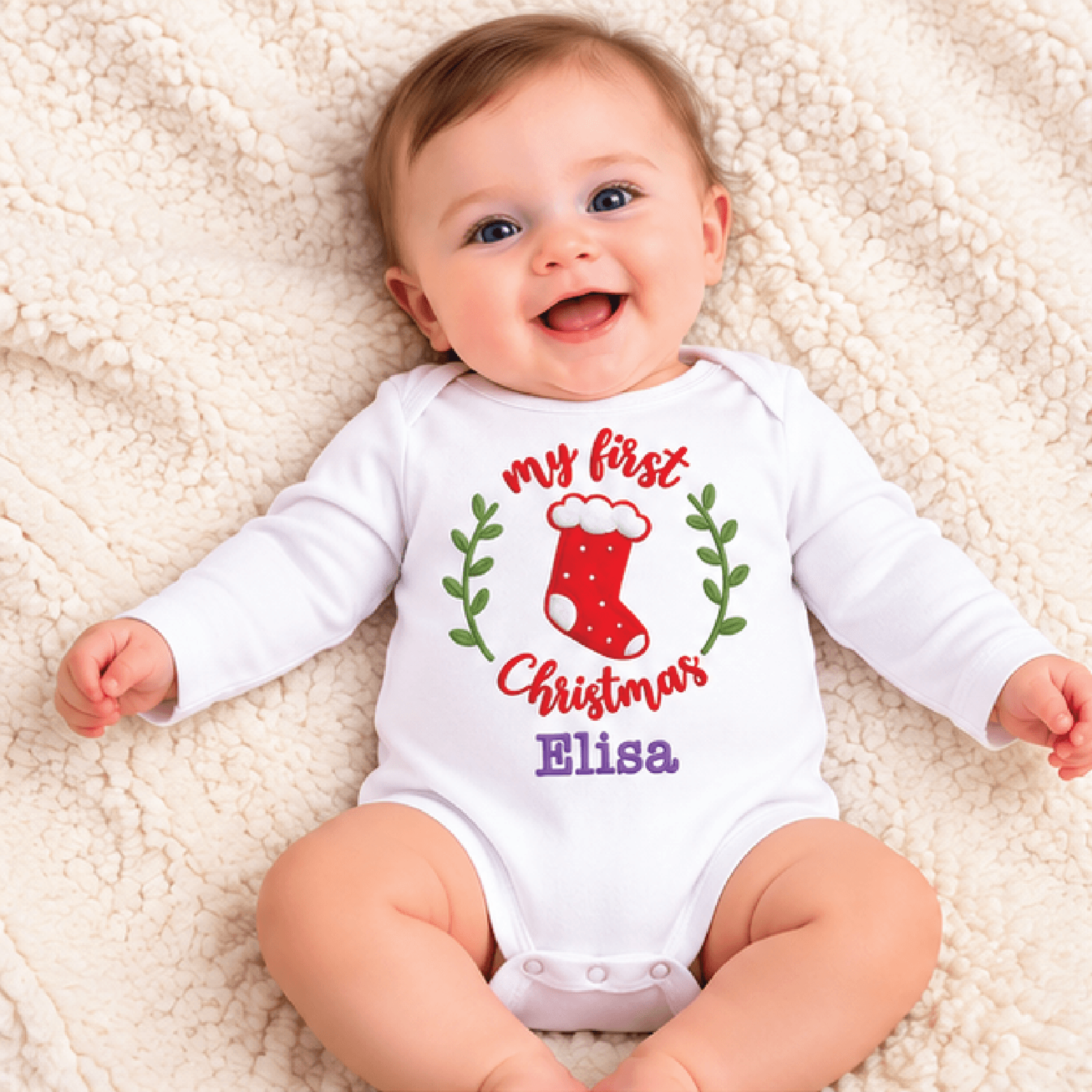 personalized my first christmas baby romper, custom name stocking and botanical wreath bodysuit, unisex newborn holiday