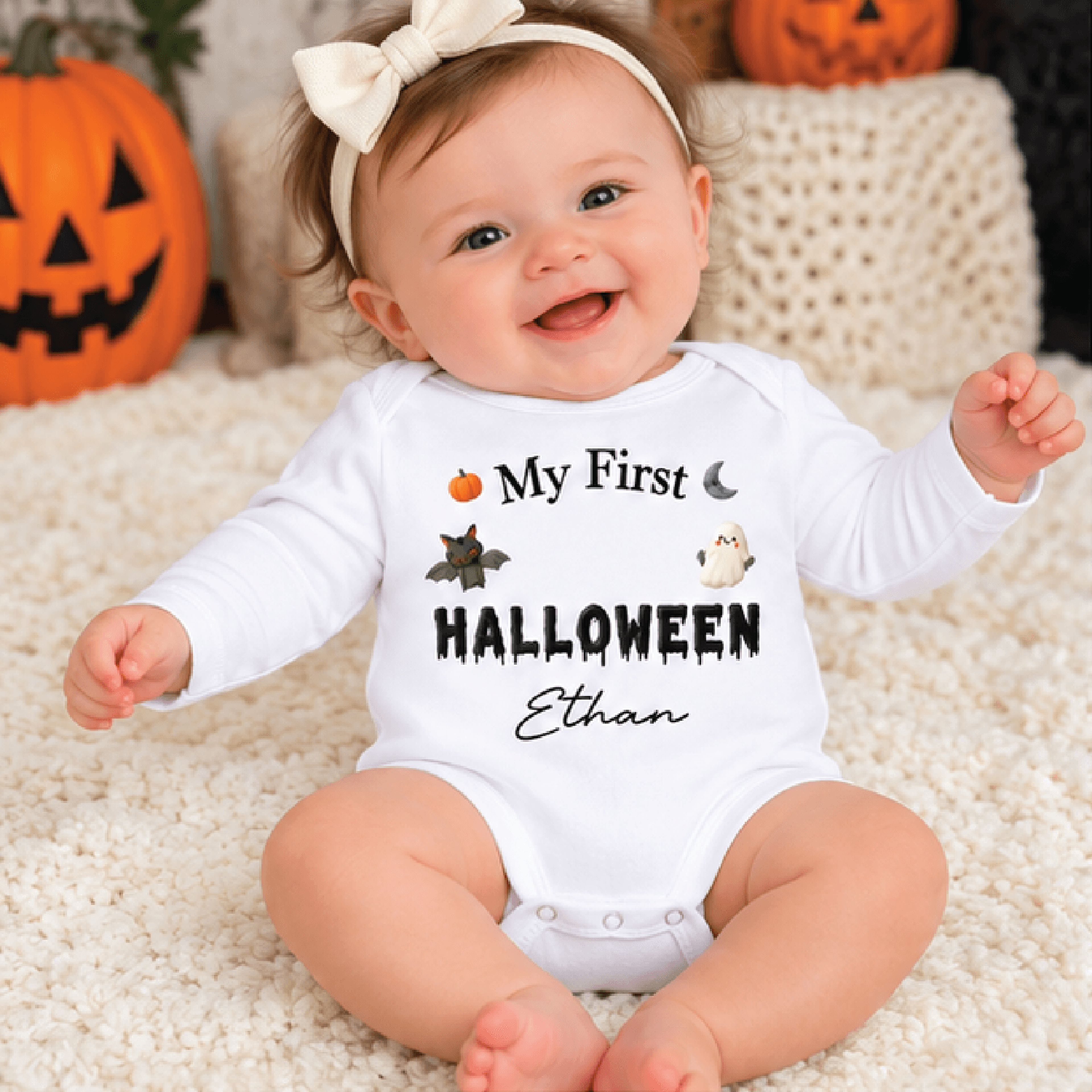 personalized my first halloween baby bodysuit, cute ghost bat pumpkin newborn romper, custom name unisex infant