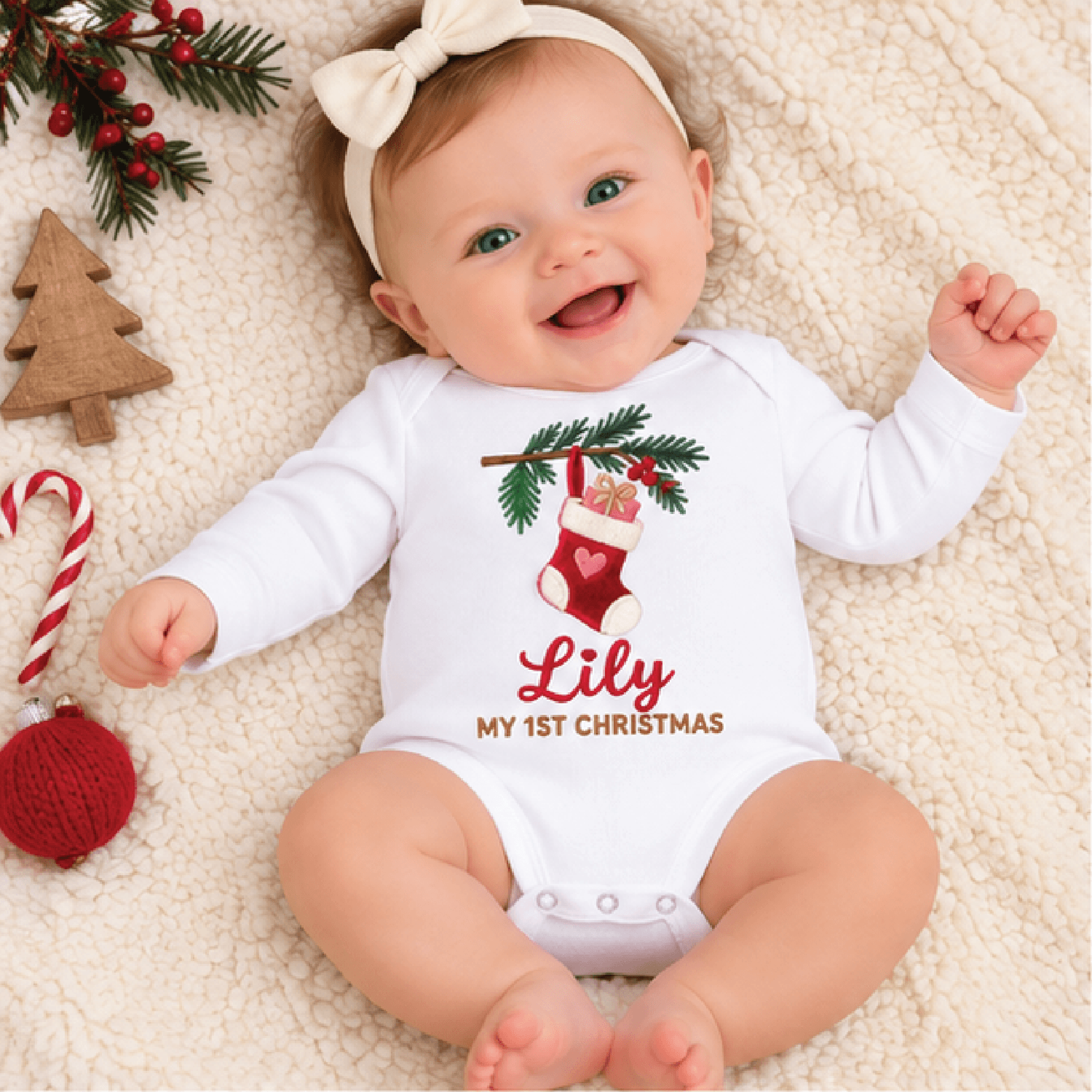 personalized baby first christmas bodysuit, custom name christmas stocking romper, cute newborn holiday outfit, unisex