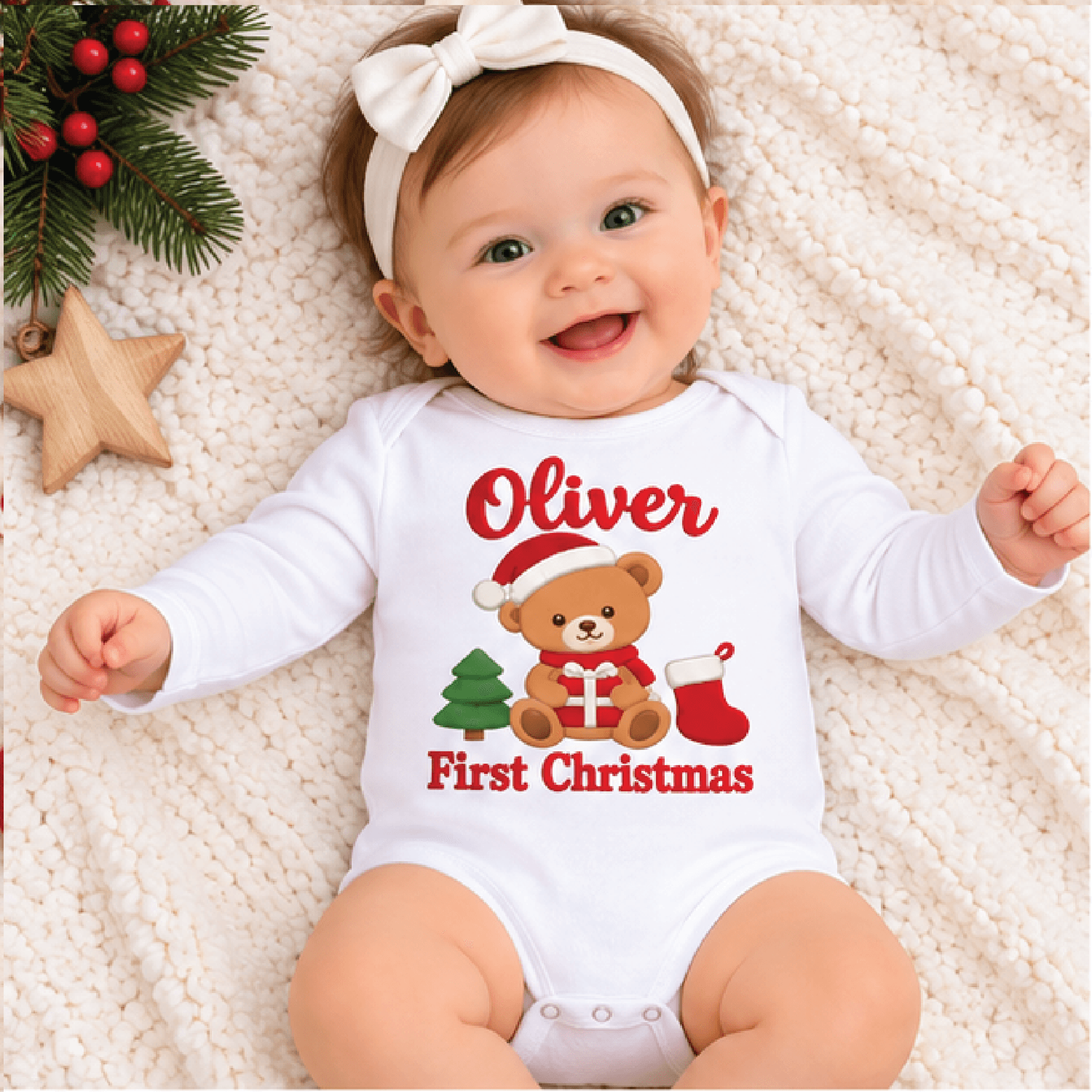 personalized teddy bear first christmas baby bodysuit, custom name santa bear newborn romper, unisex holiday baby outfit