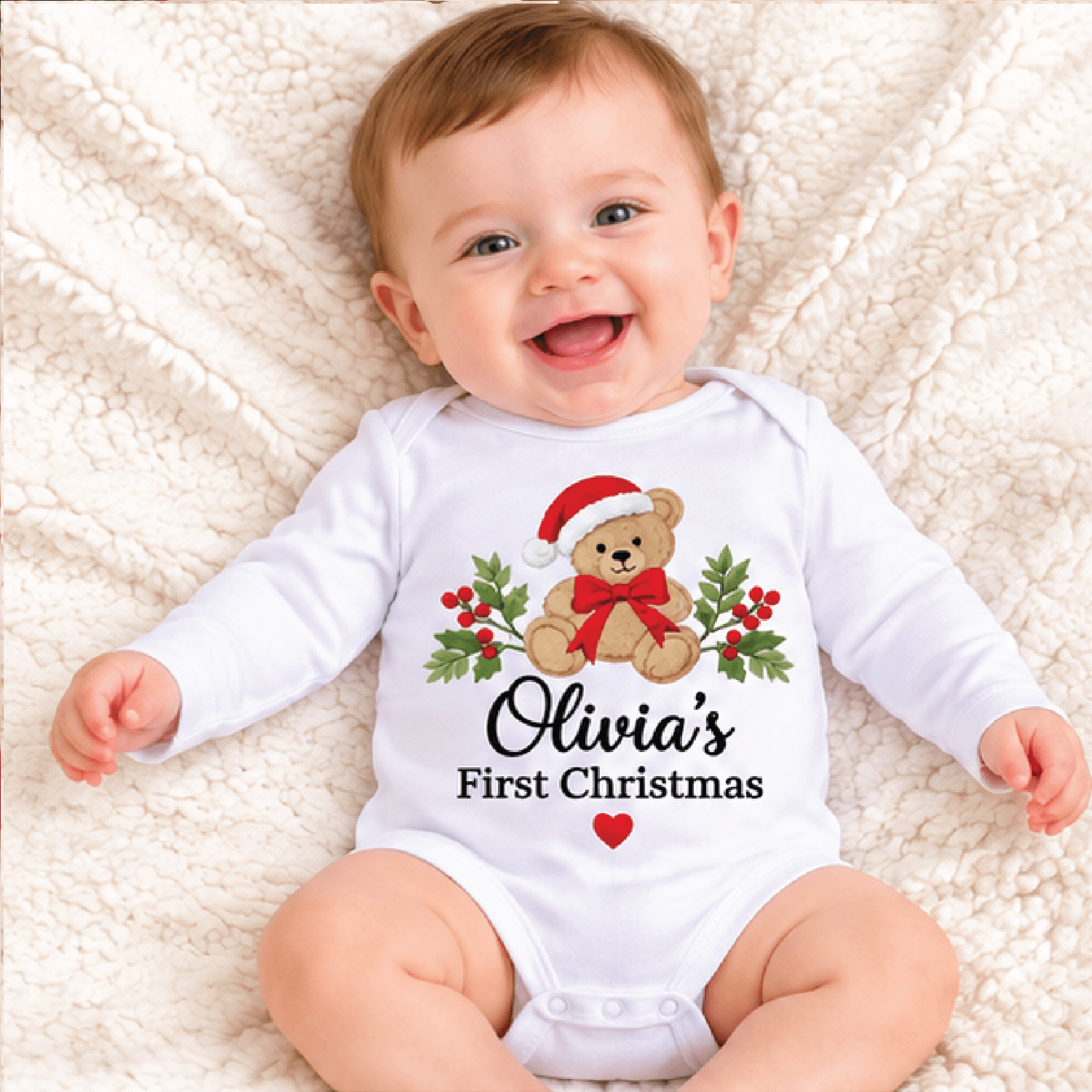 personalized teddy bear first christmas baby bodysuit, custom name holiday romper, cute newborn christmas outfit, unisex