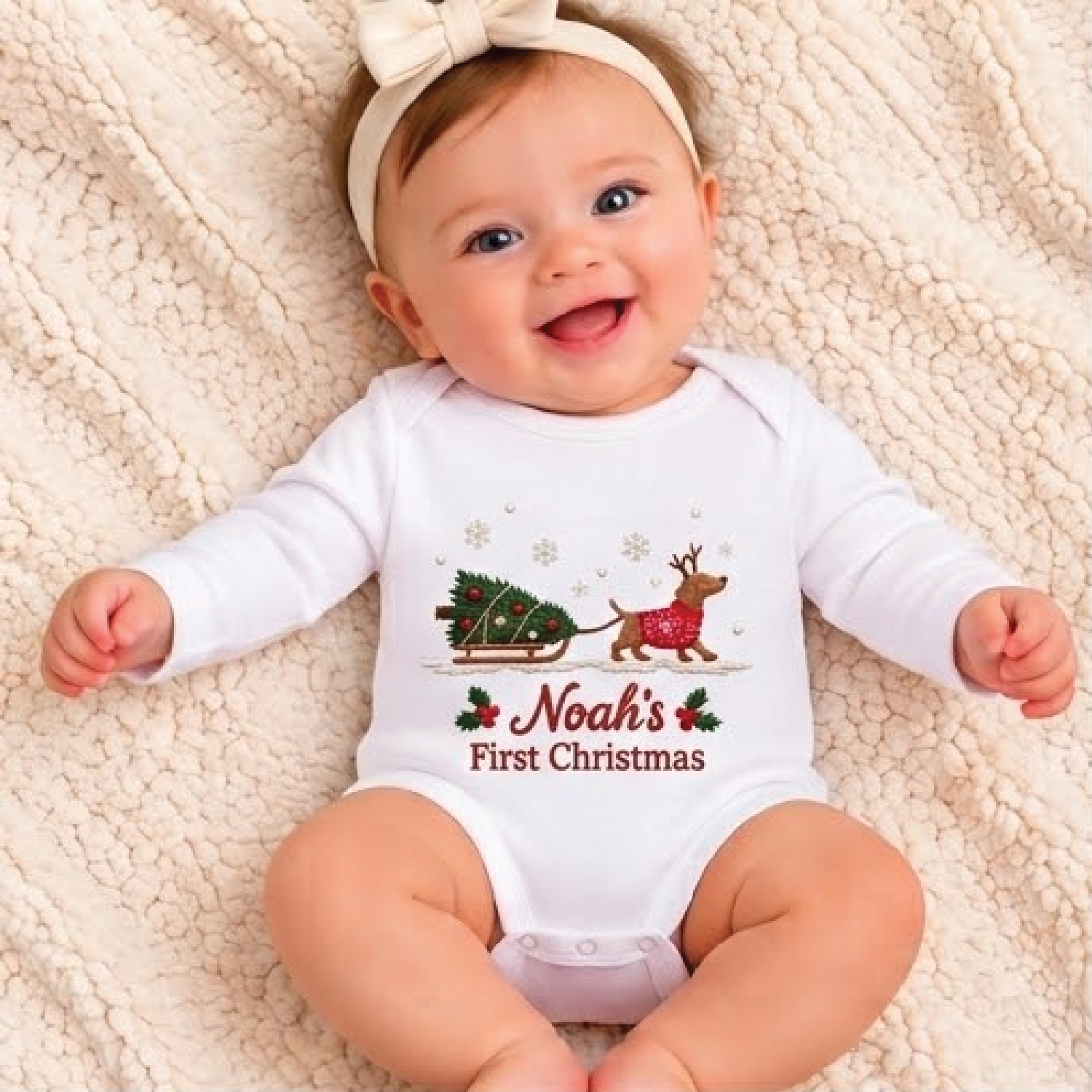 personalized reindeer first christmas baby bodysuit, custom name christmas tree sleigh romper, unisex newborn holiday